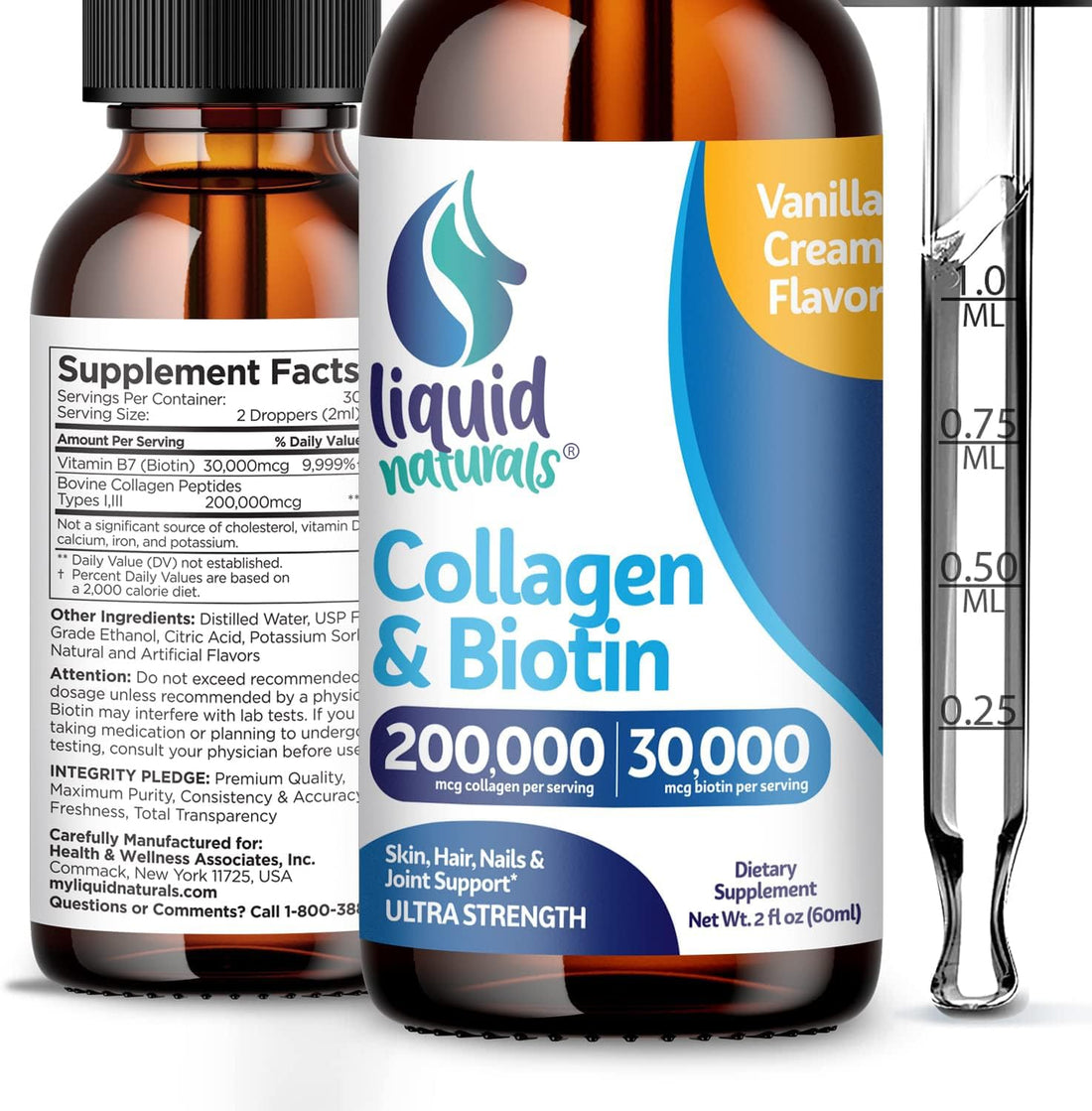 Liquid Collagen and Biotin, 2 Fl. Oz, Ultra-Strength Collagen Supplements for Women, Keto Friendly Biotin for Hair Growth Women, Nails, and Skin Vitamins B7 Collageno Peptides – Vanilla Flavor