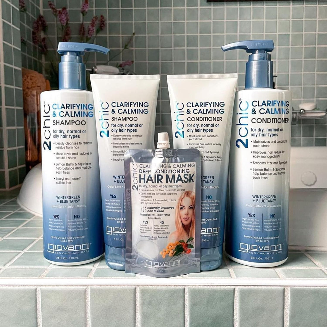 GIOVANNI 2chic Clarifying & Calming Shampoo - Clarifying Shampoo for Build Up, Helps Remove Residue, Lemon Balm & Squalane Balance & Hydrate, Sulfate Free - Wintergreen & Blue Tansy, 24 oz