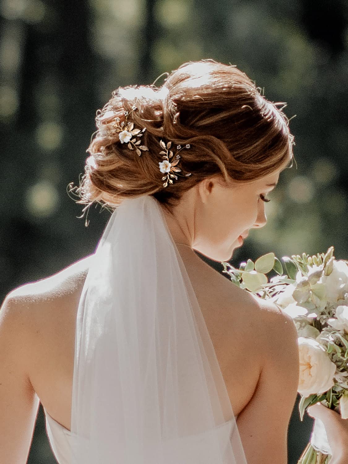 SWEETV 2Pcs Bridal Hair Accessories,Glod Wedding Hair Pins Pieces With White Flowers for Brides