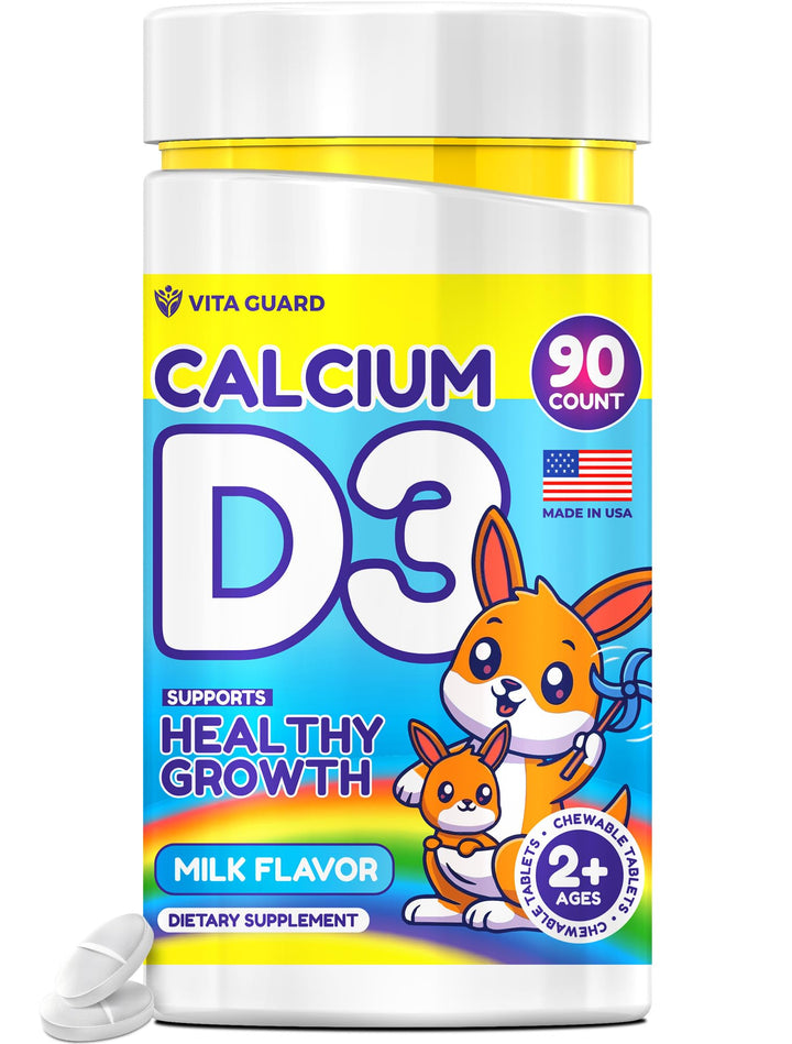 Vita Guard Calcium D3 Chewable Tablets for Kids – 640 mg Calcium & 320 IU Vitamin D3 – Non-GMO, Organic – Milk Flavor – Bone & Teeth Support Supplement – 90 Tablets for Ages 2+
