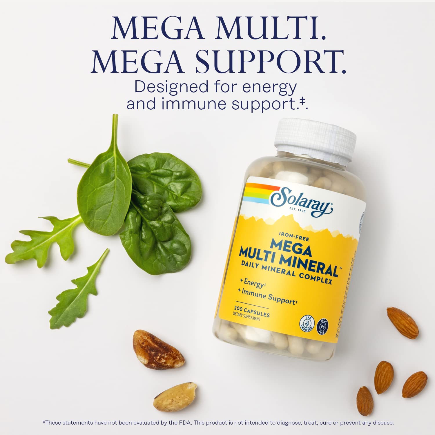 SOLARAY Iron-Free Mega Multi Mineral - Daily Mineral Complex w/Calcium, Magnesium, Zinc and More, Absorbable Chelated Forms, Energy and Immune Support, 60-Day Guarantee, 50 Servings, 200 Capsules