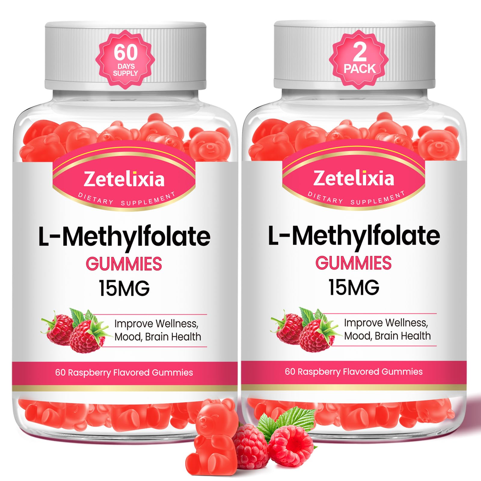 Zetelixia 2 Pack L-Methylfolate 15mg Gummies, Methylated Multivitamin with Methylated B12, Active 5-MTHF Form, Supports MTHFR Mutation, Methylation, Mood & Cognition, Vegan, Raspberry Flavor, 120 Cts