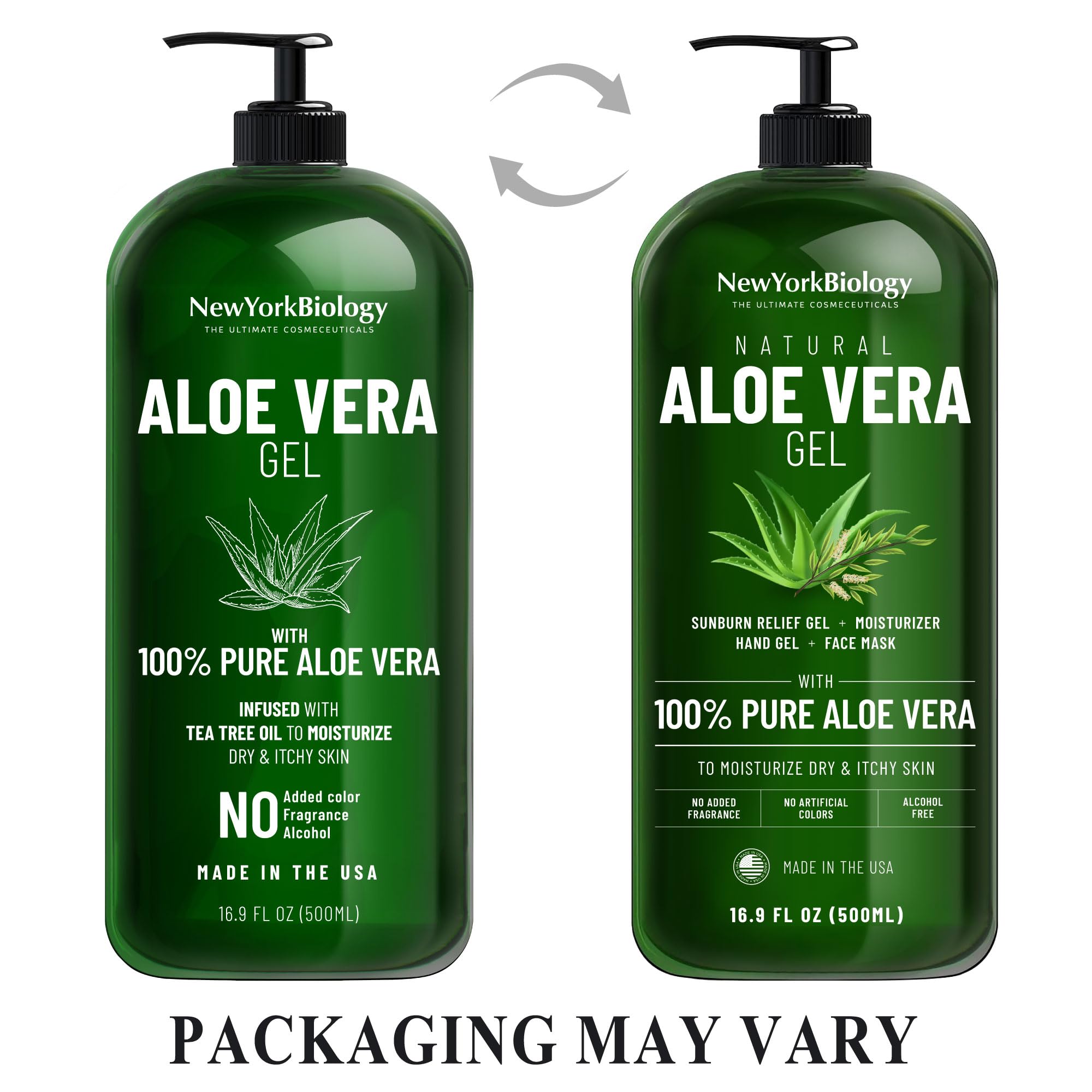 New York Biology Aloe Vera Gel for Face, Skin and Hair - Infused with Tea Tree Oil - From Fresh Aloe Vera Plant - Moisturizing Aloe Vera for Sunburn Relief and Dry Skin - 16.9 Fl Oz