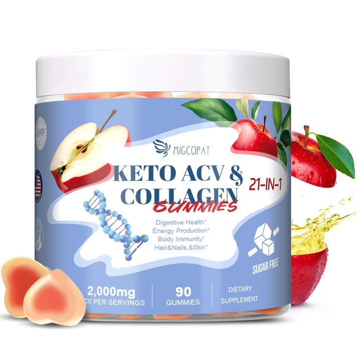 Sugar Free Apple Cider Vinegar Gummies, 21 in 1 Keto ACV Gummies with Multi Collagen Peptides, Biotin, Probiotics, Vitamins for Healthy Hair, Skin, Nails & Digestive Support, Apple Flavored, 90 Count