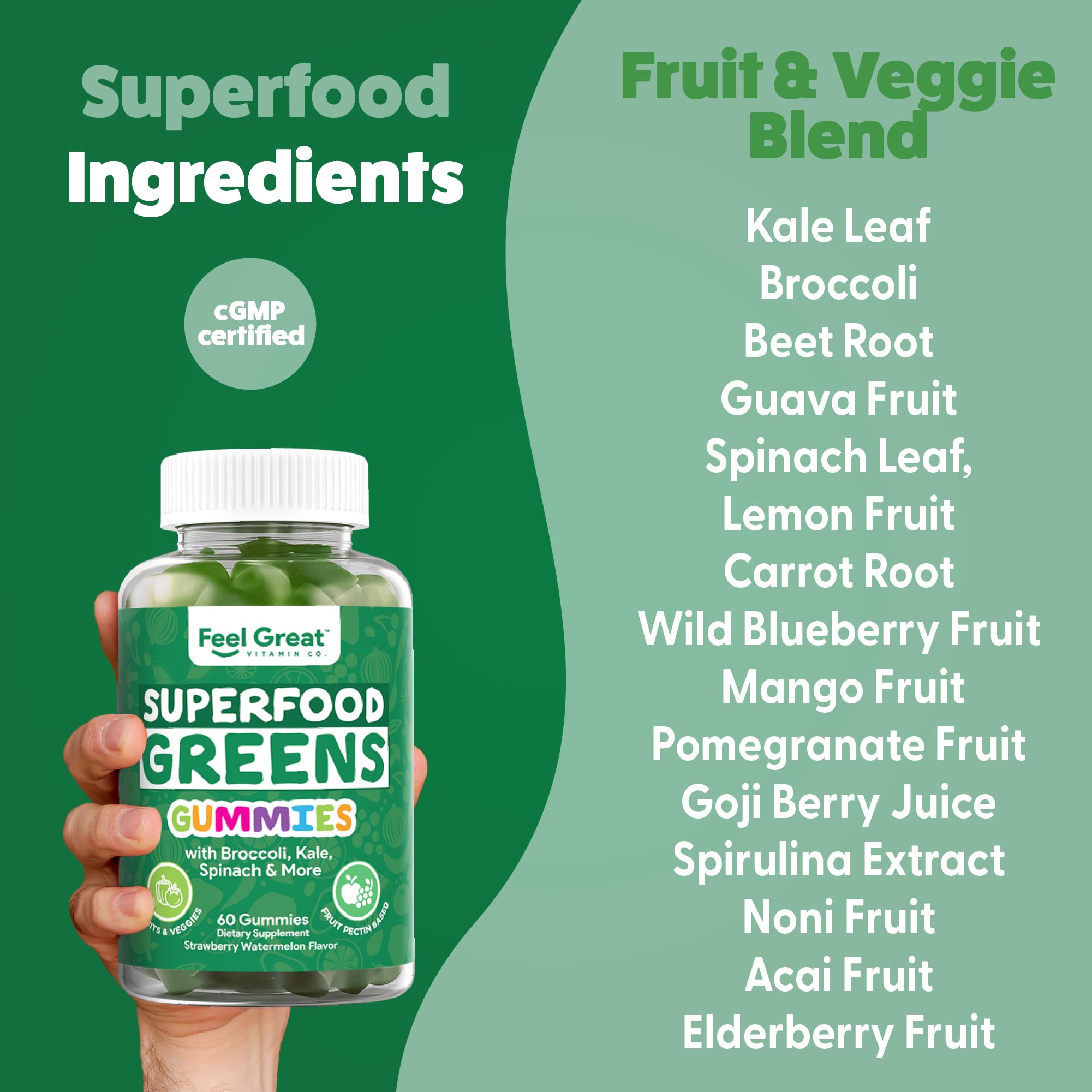 Super greens Gummies - Green Superfoods Supplement with Spinach, Broccoli, Kale, Beet Root, Elderberry for Immunity Support - Fruit and Vegetable Supplement - Watermelon Flavor, 60 Gummies