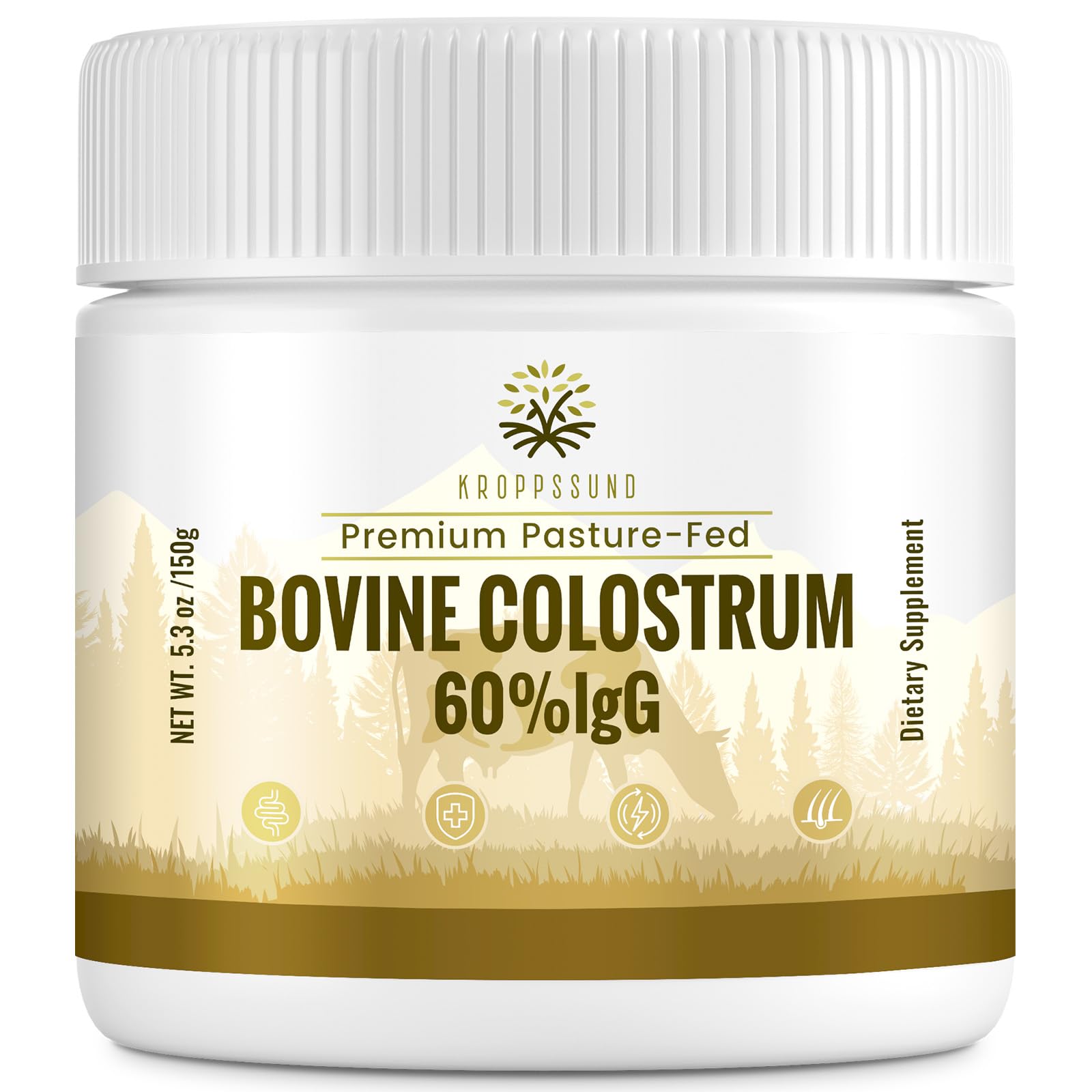 Kroppssund Bovine Colostrum Powder Supplement 3000 mg - Extra High 60% IgG Bovine Colostrum - Gut, Bone, Exercise, Immune - 50 Servings (1 Bottle)