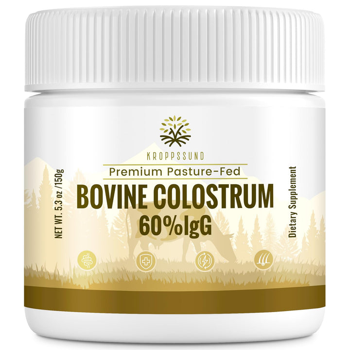 Kroppssund Bovine Colostrum Powder Supplement 3000 mg - Extra High 60% IgG Bovine Colostrum - Gut, Bone, Exercise, Immune - 50 Servings (1 Bottle)