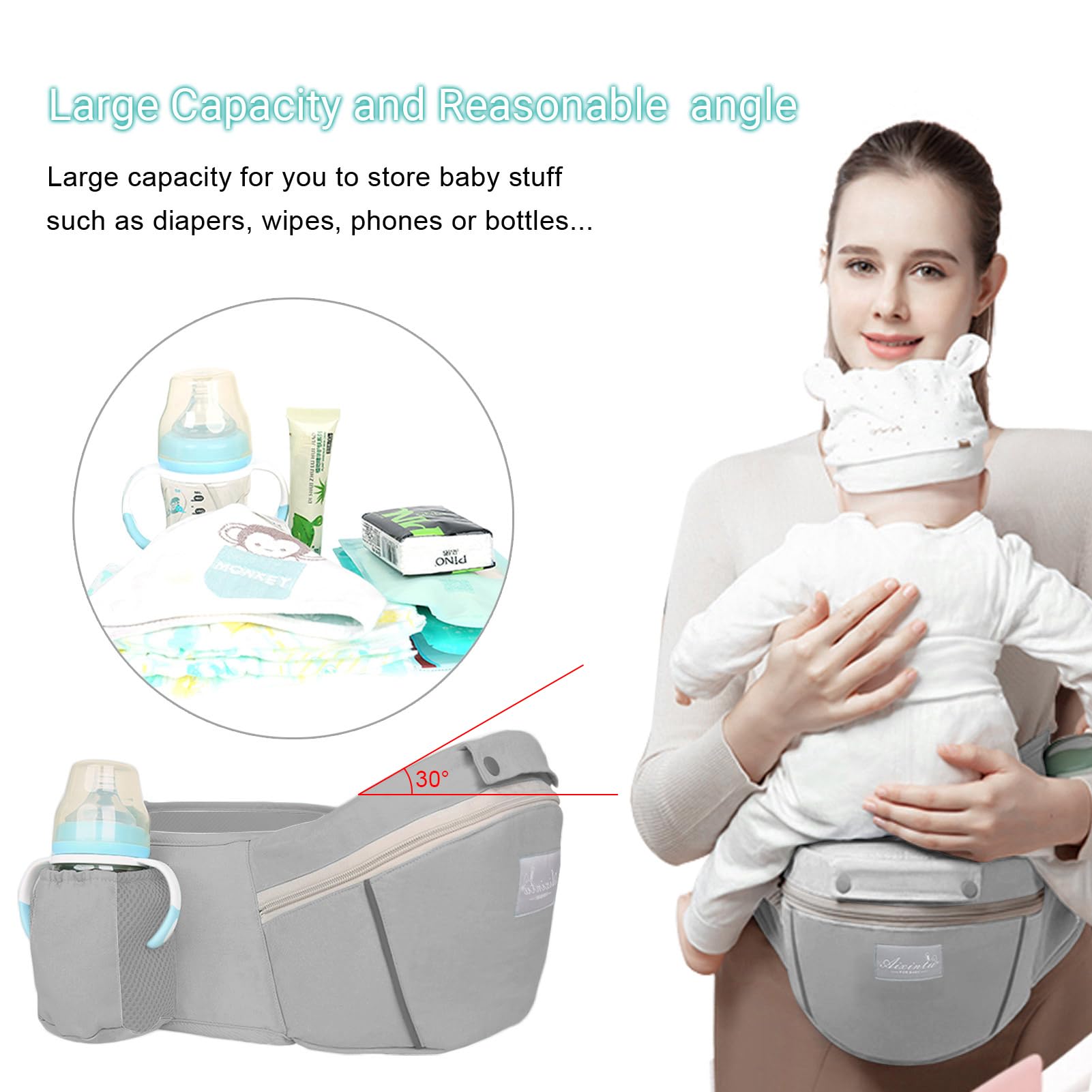 Huifen Multi-Functional 9 in 1 Baby Carrier - Newborn to Toddler, 7-45 lbs, Ergonomic Sling Carrier with Hip Seat, Hands Free Backpack Carrier for All Seasons (Grey)