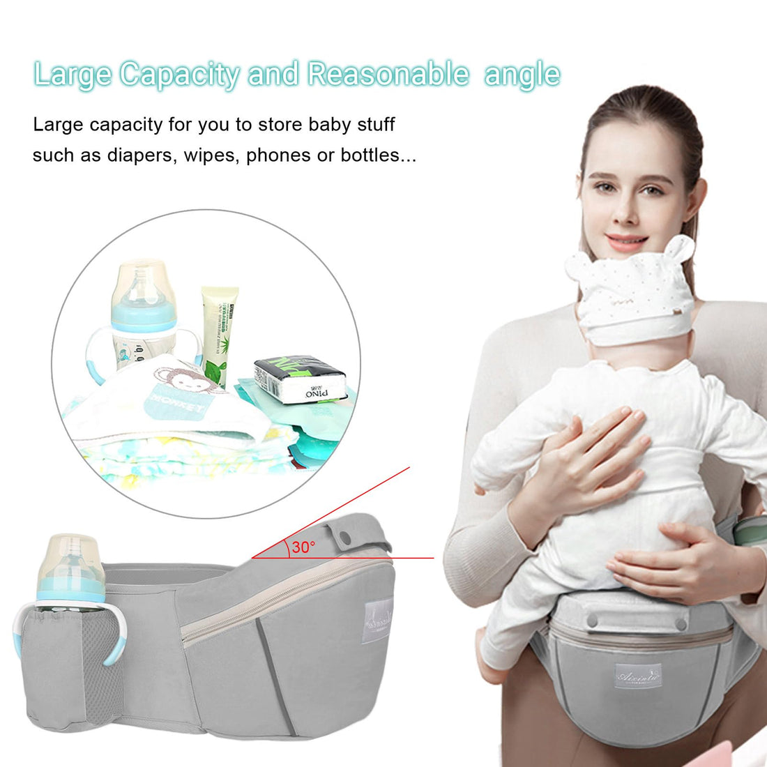 Huifen Multi-Functional 9 in 1 Baby Carrier - Newborn to Toddler, 7-45 lbs, Ergonomic Sling Carrier with Hip Seat, Hands Free Backpack Carrier for All Seasons (Grey)