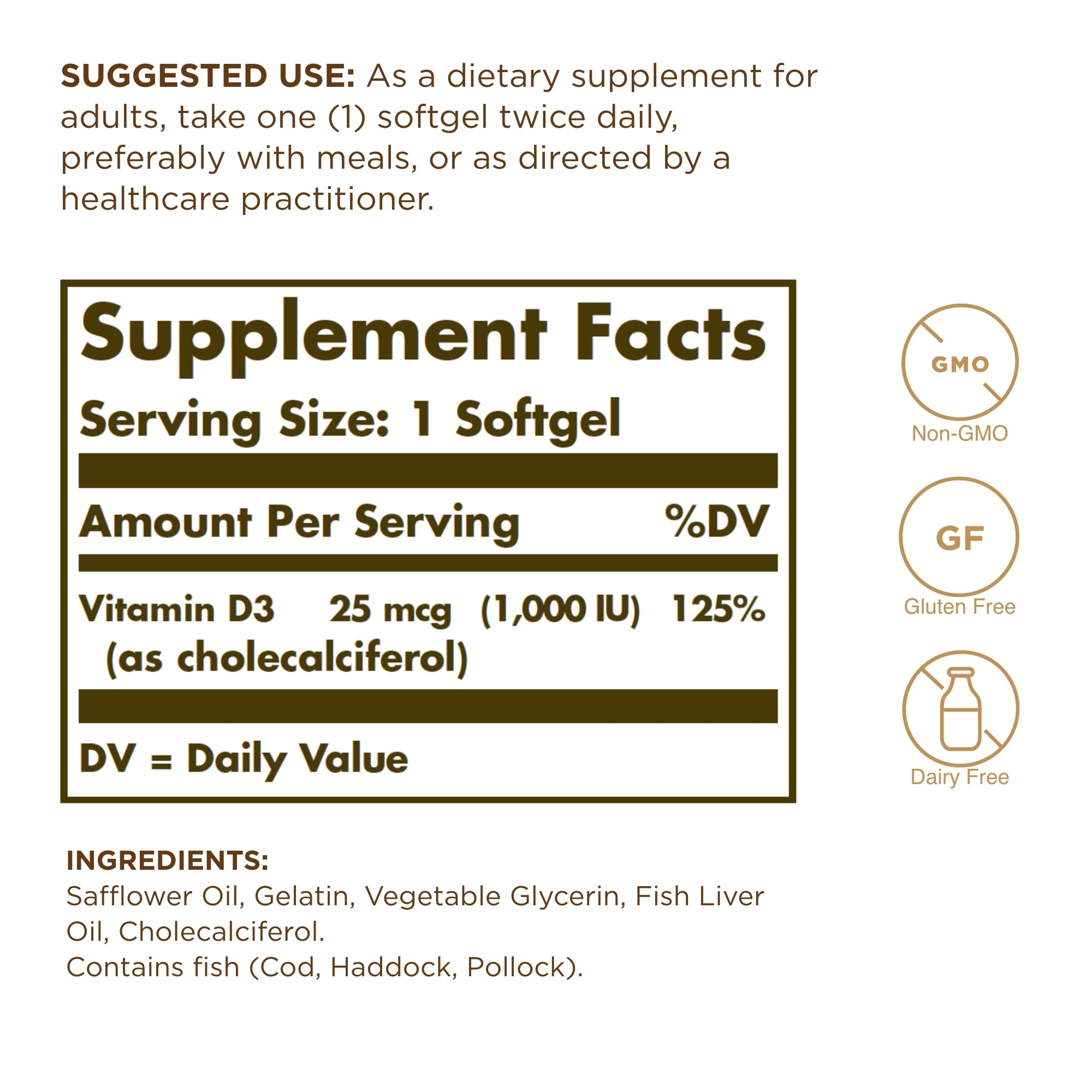 Solgar Vitamin D3 (Cholecalciferol) 25 MCG (1000 IU), 250 Softgels - Helps Maintain Healthy Bones & Teeth - Immune System Support - Non-GMO, Gluten Free, Dairy Free - 250 Servings