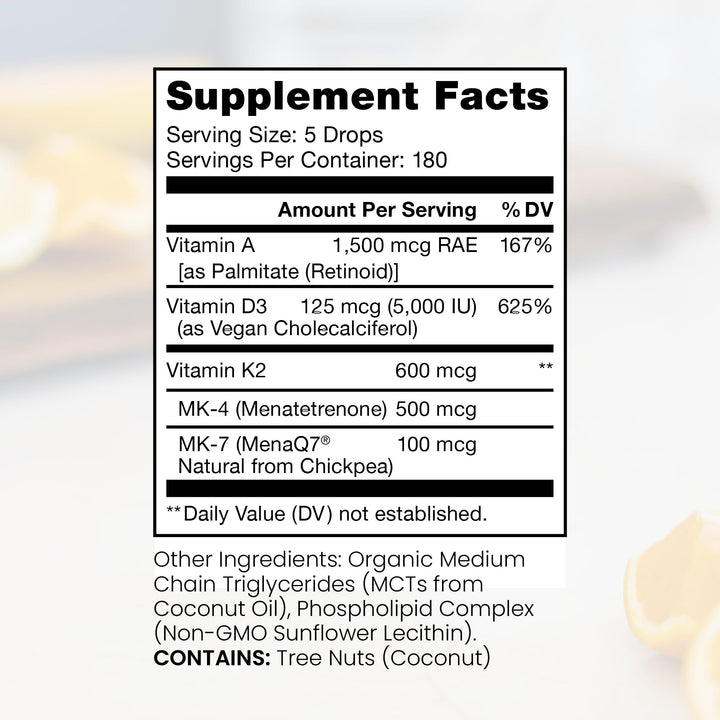 Pure TheraPro Rx Vegan A-D-K Drops-6 Mon Supply-Vitamin A(Palmitate & Betacarotene),Liposomal Vitamin D3(as vegan cholecalciferol),Liposomal Vitamin K2(MK-4 & MK-7)Supports Immunity & Bone Health-20mL