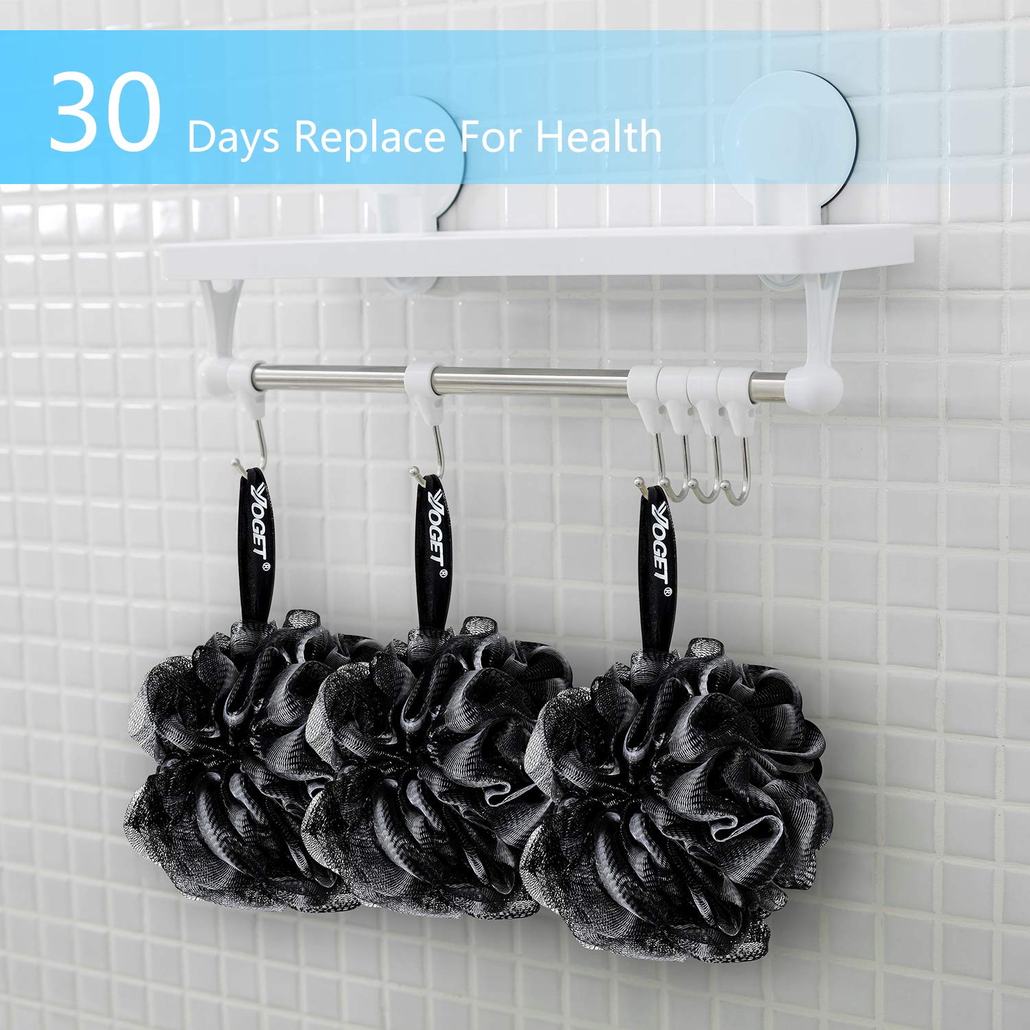 Yoget Bath Loofah Sponge, 4 Pack Black 60G Shower Mesh Ball Soft Pouf Body Scrubber, Exfoliate, Cleanse, Soothe Skin, Black Loofah with White Trim