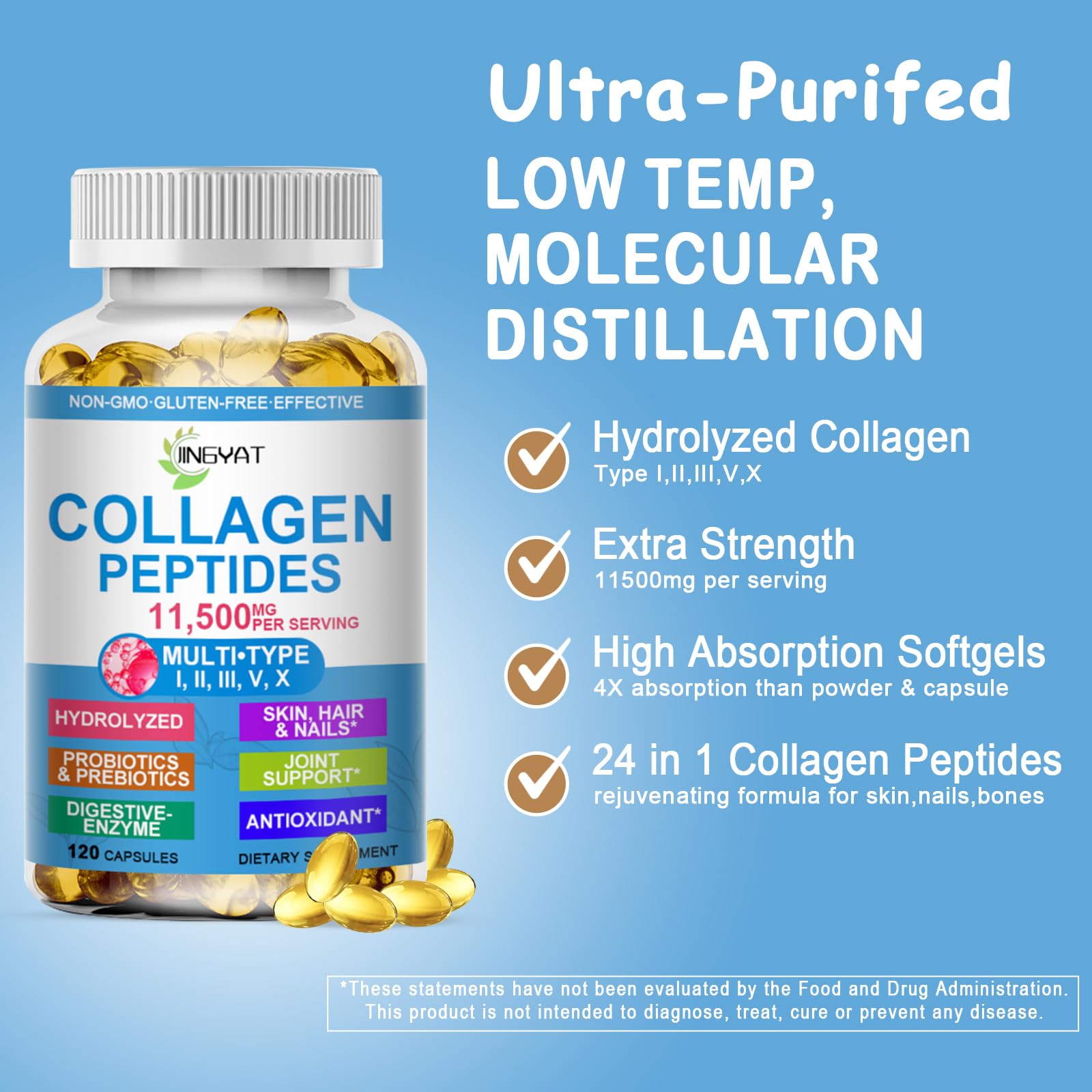 Collagen Peptides Softgels, Multi Collagen Peptides w/ Glucosamine Chondroitin MSM Biotin, Hydrolyzed Collagen Peptides Complex for Women Supports Skin Hair Nail Joints Bones Gut Health, Non-GMO