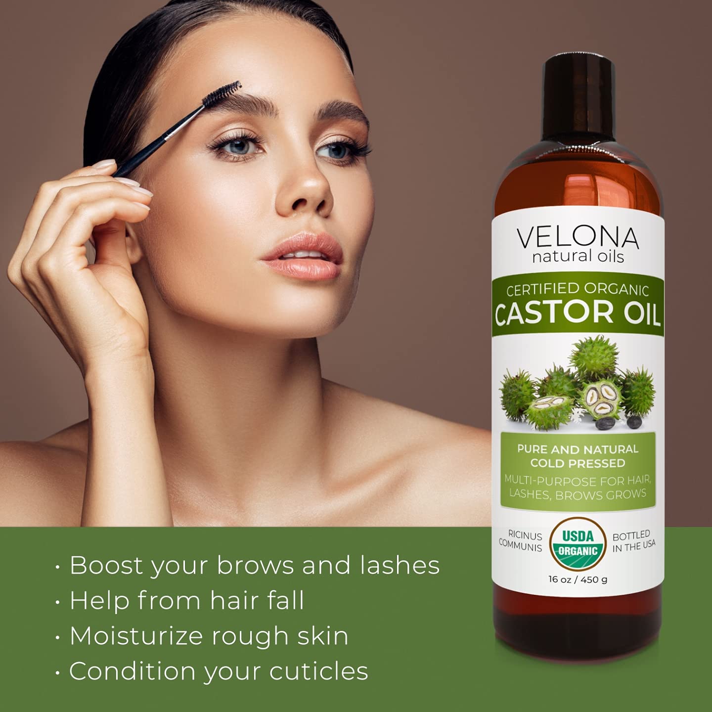 velona USDA Certified Organic Castor Oil - 32 fl oz | For Hair Growth, Boost Eyelashes, Eyebrows | Cold pressed, Natural Oil, USP Grade | Hexane Free, Lash Serum, Caster