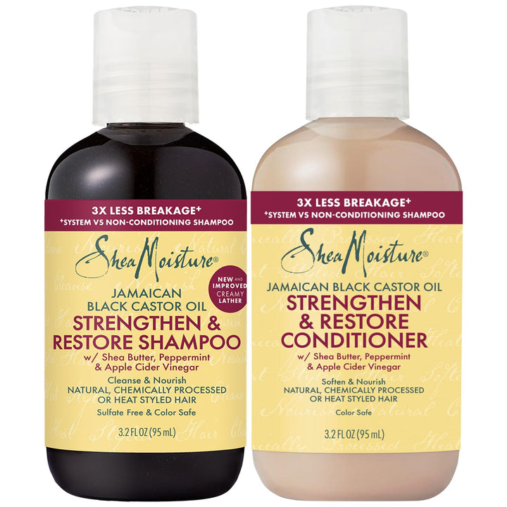 SheaMoisture Strengthen & Restore Shampoo & Conditioner, Travel-Size –Jamaican Black Castor Oil for Hair Repair & Frizz Control, 3.2 Oz Ea (2 Piece Set)