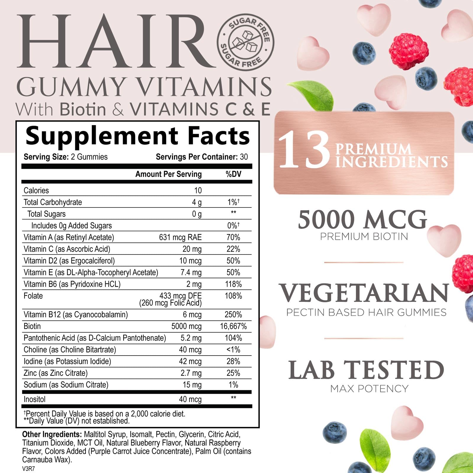 Sugar Free Hair Vitamins Gummies with Biotin 5000 mcg, Vitamin A, B12, C, D, E, Folic Acid, Supports Hair Growth Gummy, Vegetarian Friendly, Supports Strong Beautiful Hair and Nails - 60 Gummies