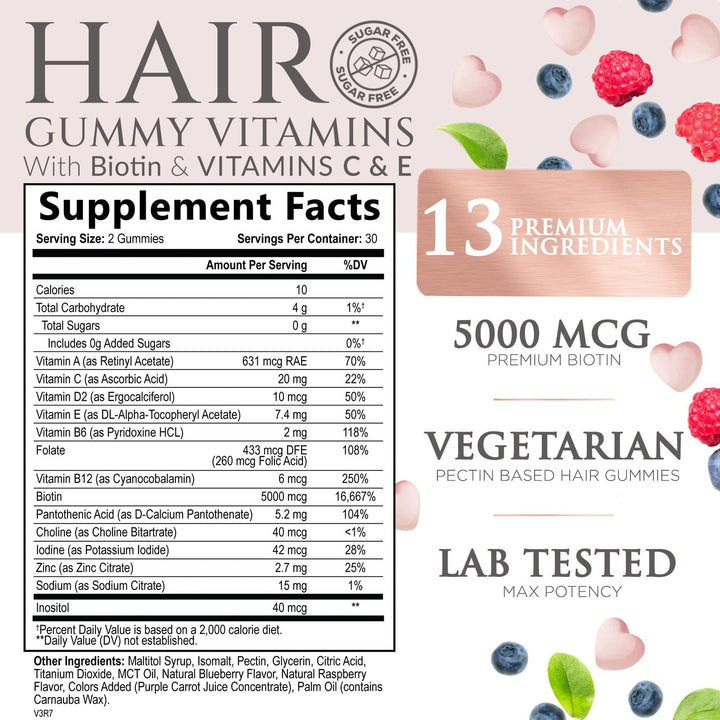 Sugar Free Hair Vitamins Gummies with Biotin 5000 mcg, Vitamin A, B12, C, D, E, Folic Acid, Supports Hair Growth Gummy, Vegetarian Friendly, Supports Strong Beautiful Hair and Nails - 60 Gummies