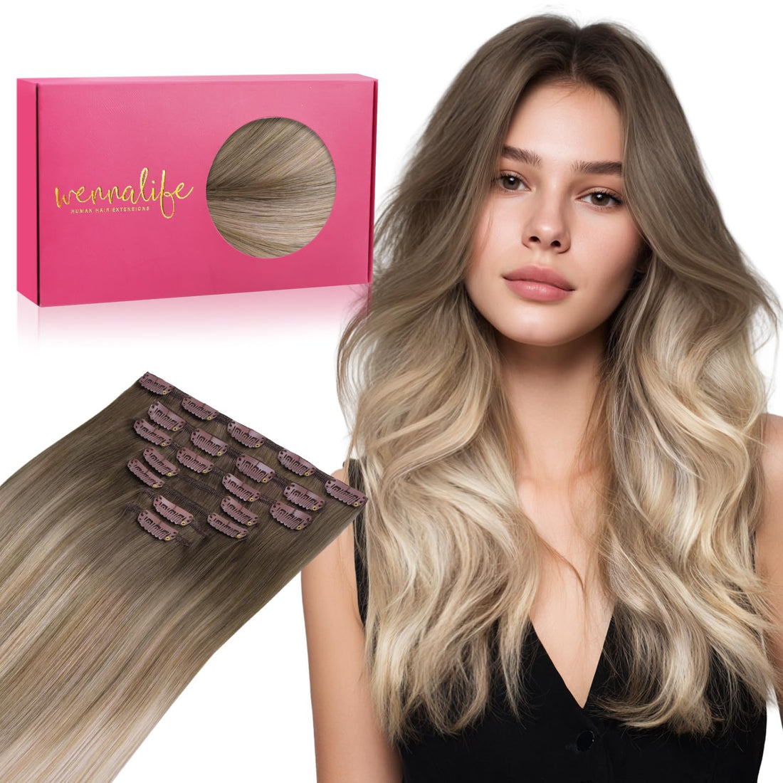 WENNALIFE Clip in Hair Extensions Real Human Hair, 16 Inch g 7pcs Balayage Sandy Brown to Platinum Blonde Remy Hair Straight Natural Extensiones De Cabello Humano Con Clip Ins