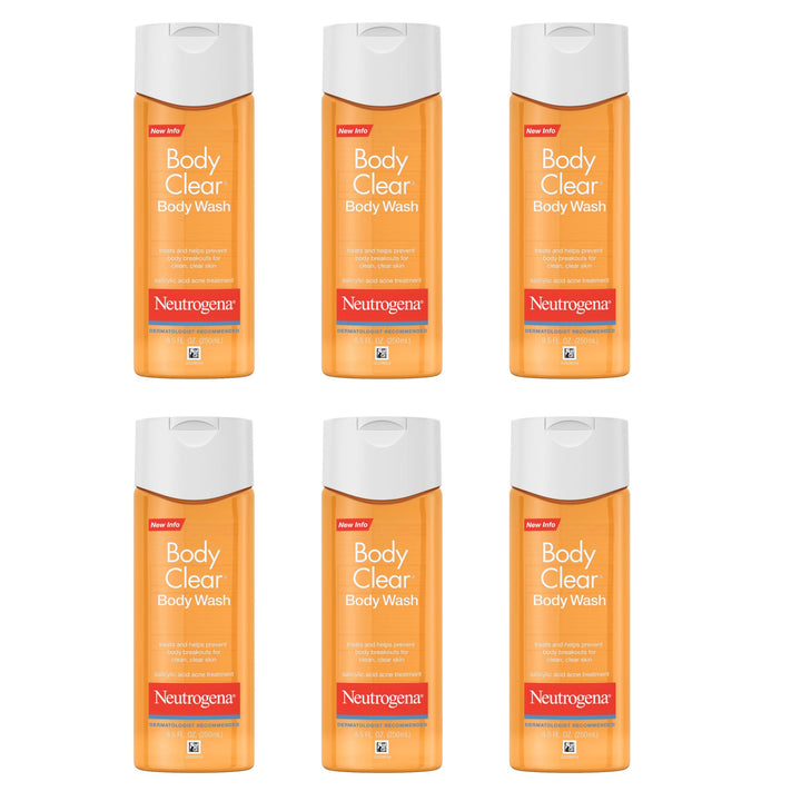 Neutrogena Body Clear Acne Body Wash with Glycerin & 2% Salicylic Acid Acne Medication to Help Treat Breakouts on Back, Chest & Shoulders, Non-Comedogenic, 8.5 fl. Oz, 6 Pack