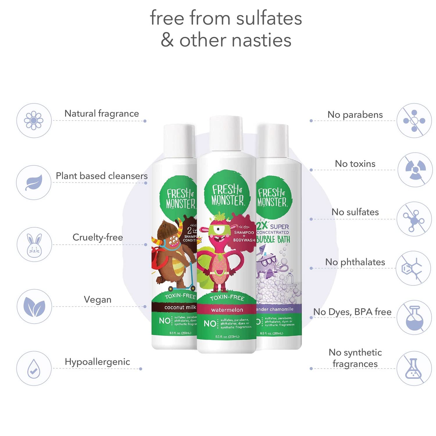 Fresh Monster Kids & Baby Gift Set - Natural, Toxin-Free Shampoo & Conditioner, Body Wash, and Bubble Bath (3 Piece)