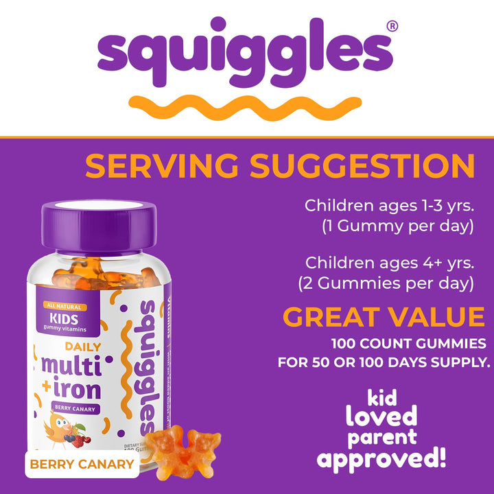 Squiggles Kids Multivitamin + Iron Gummies - Low Sugar Gummy Vitamins with Iron Supplements for Kids - Broad Spectrum of Vitamins and Minerals, Chewy, Yummy Berry Flavor (100 Count)