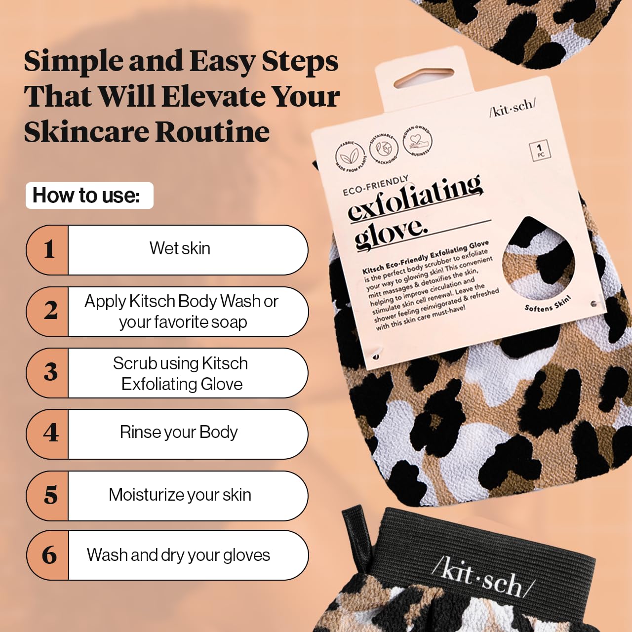 Kitsch Deep Exfoliating Glove, Eco Friendly Exfoliating Body Scrubber, Dead Skin Remover and Body Scrub Mitt for Skin Cell Renewal, for Shower and Bath, Leopard