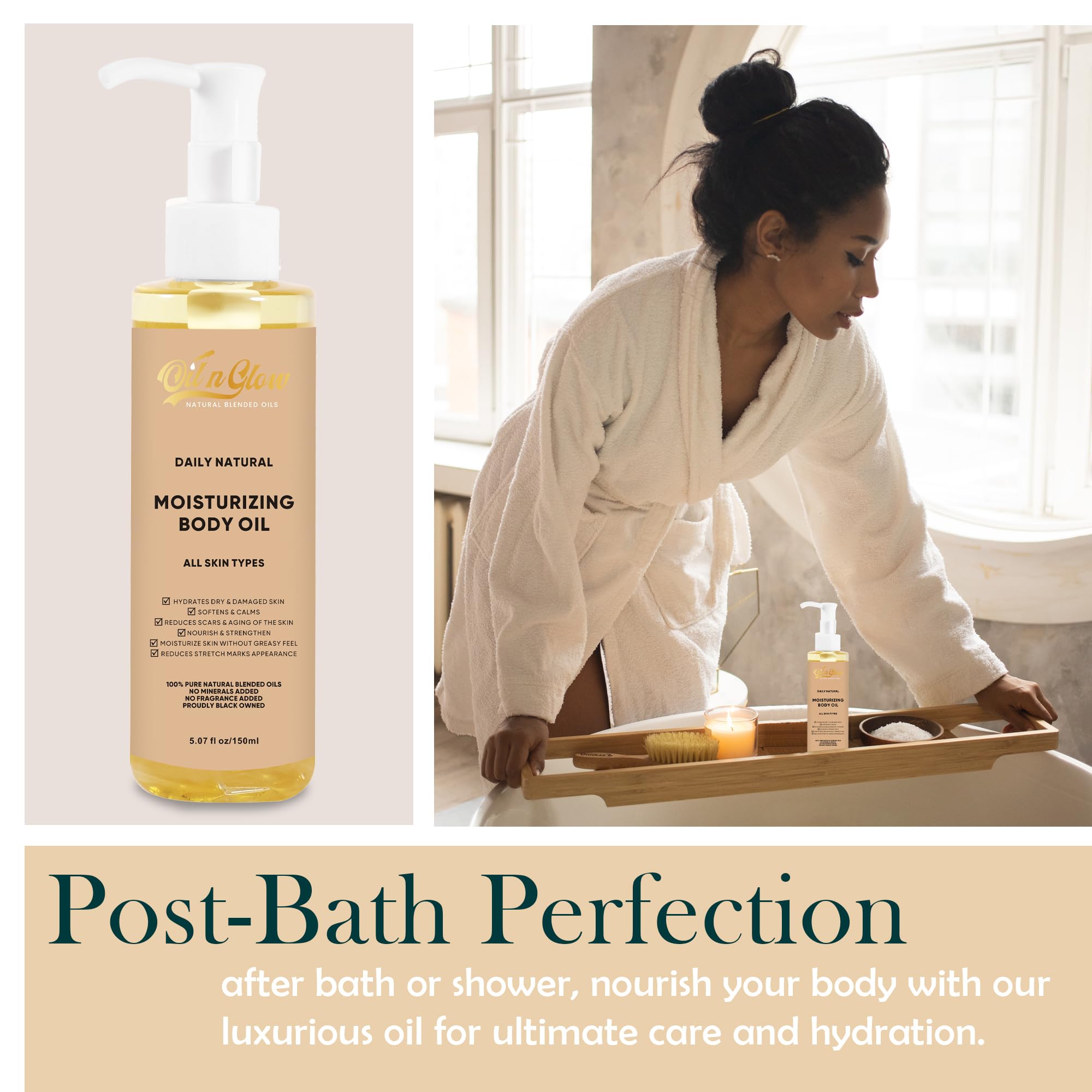 OilnGlow 100% Pure Natural Hydrating Body Oil After Shower with Vitamin E, Coconut, Jojoba, Olive & Sweet Almond Moisturizing Body Oil For Women & Men Dry Skin - Unscented 5.07 fl oz/150ml