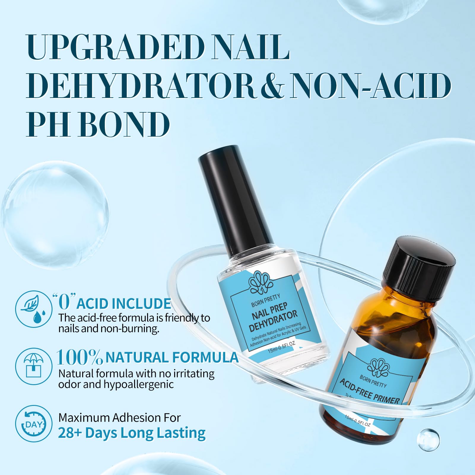 BORN PRETTY Natural Nail Prep Dehydrate and Bond Primer Acid-Free,15ml Dehydrator for Acrylic and Gel Nail Polish, Non Acid Primer for UV Gels Fast Dry Superior Bonding Agent Gift Box Set