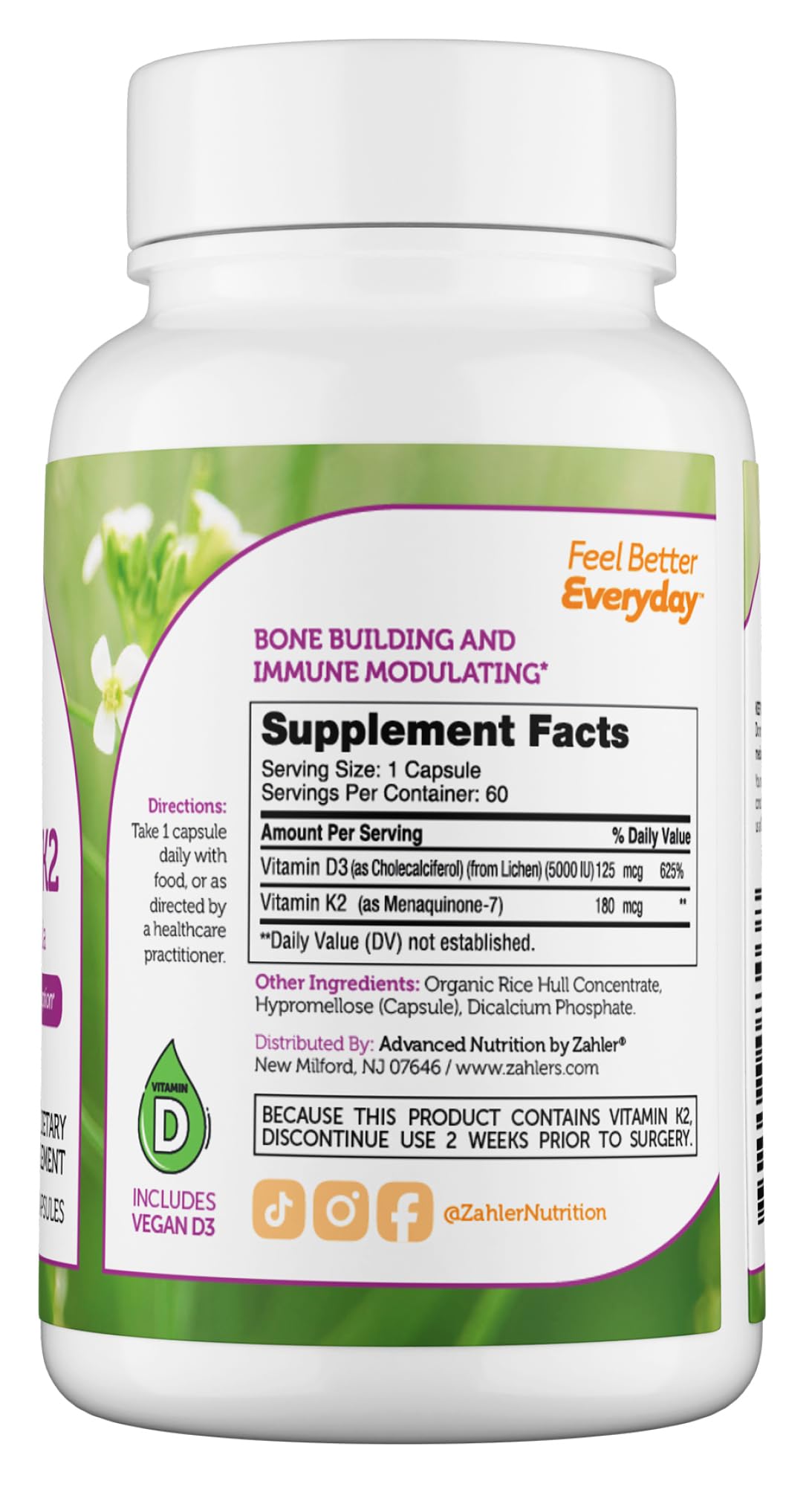 Zahler Vitamin D3 5000 IU K2 - Advanced Vitamin D3 K2 Formula - Bone Density & Calcium Absorption - Kosher Vegetarian MK7 Vitamin K2 D3 Vitamin Supplement - VIT D3 K2, Vitamin D K2 (60 Capsules)