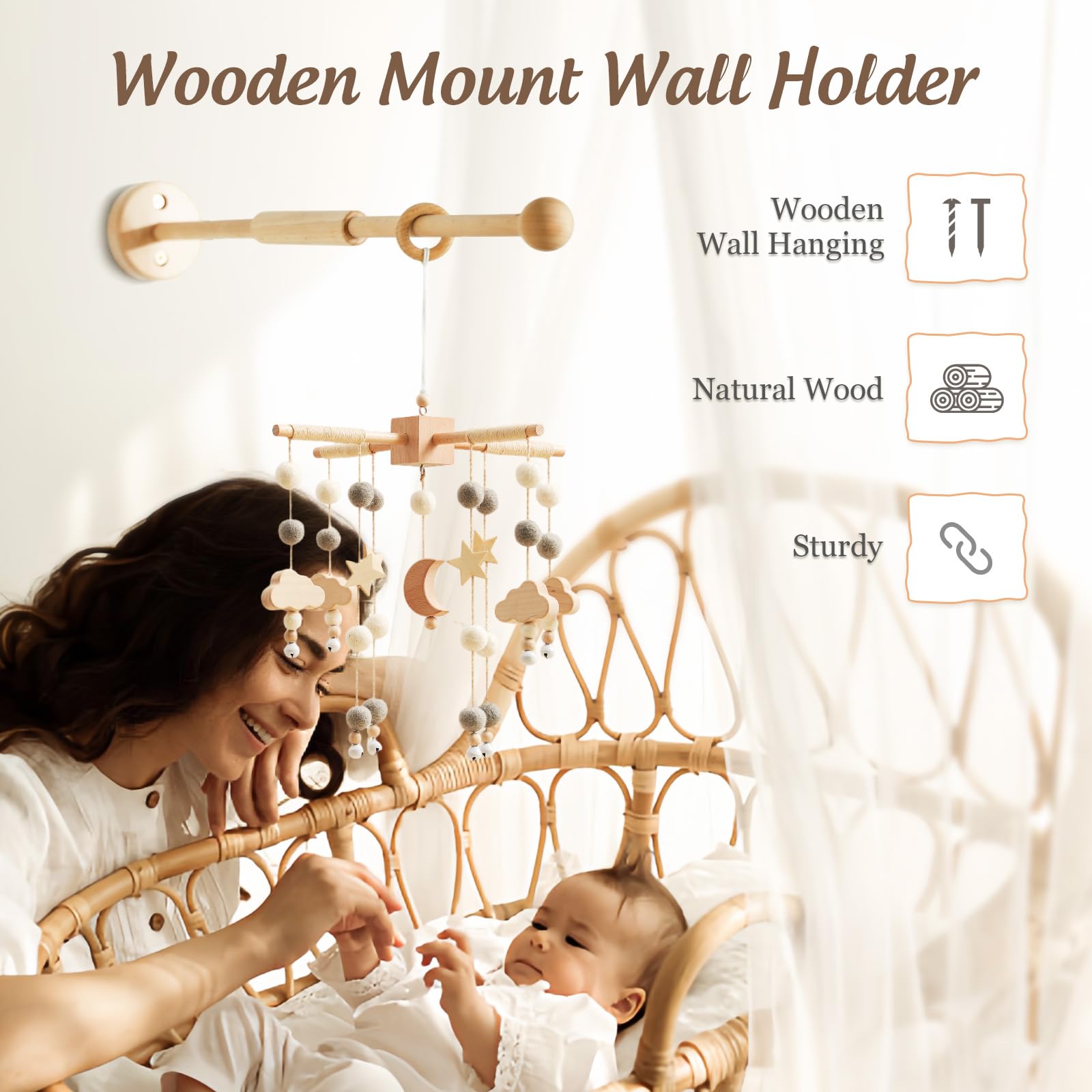 Wooden Crib Mobile Arm | Baby Mobile Hanger | Wooden Mount Wall Holder | Nursery Decor for Sturdy Mobile for Newborn Boys and Girls