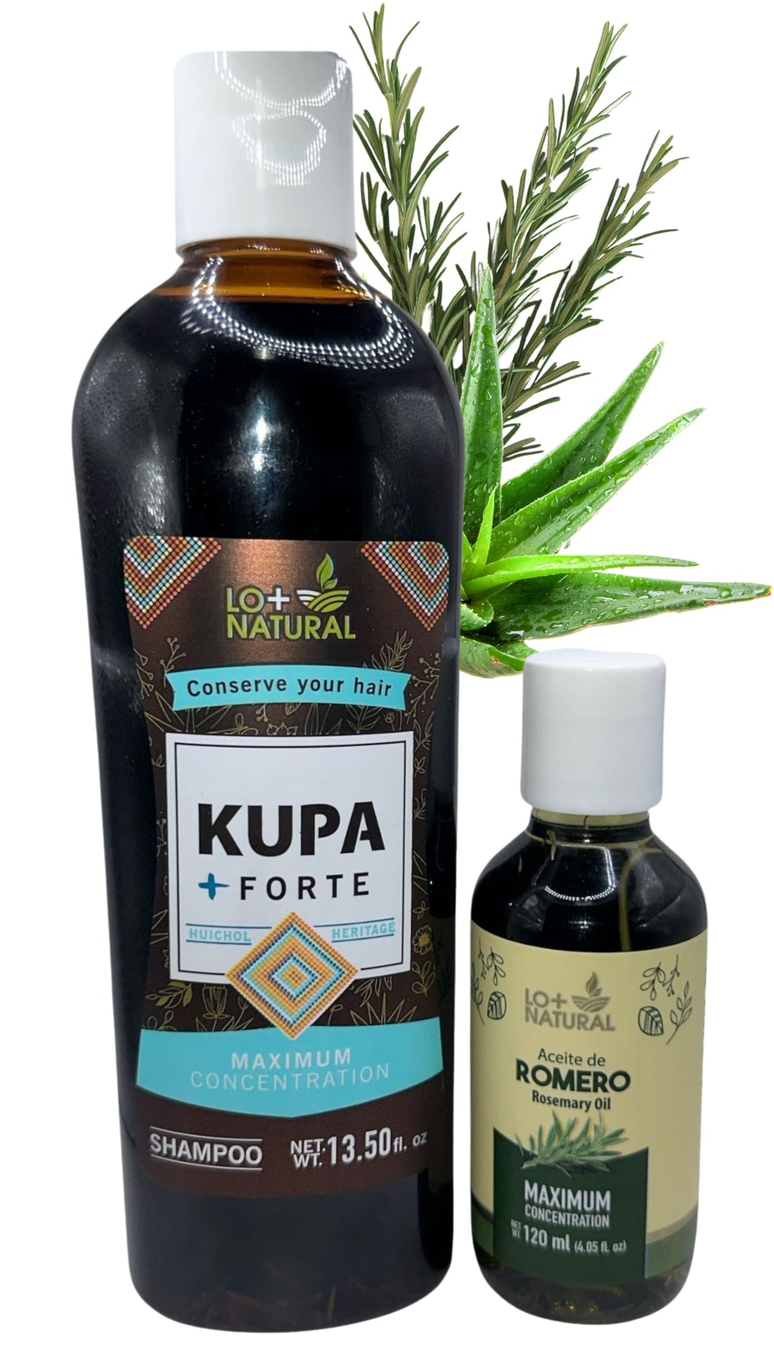 LO+NATURAL Shampoo De Romero & Sabila (Rosemary and Aloe Vera Shampoo) KUPA + FORTE 13.5 oz Organic + ACEITE DE ROMERO (Rosemary Oil) 4.05 fl oz Huichol Heritage Maximum Concentration