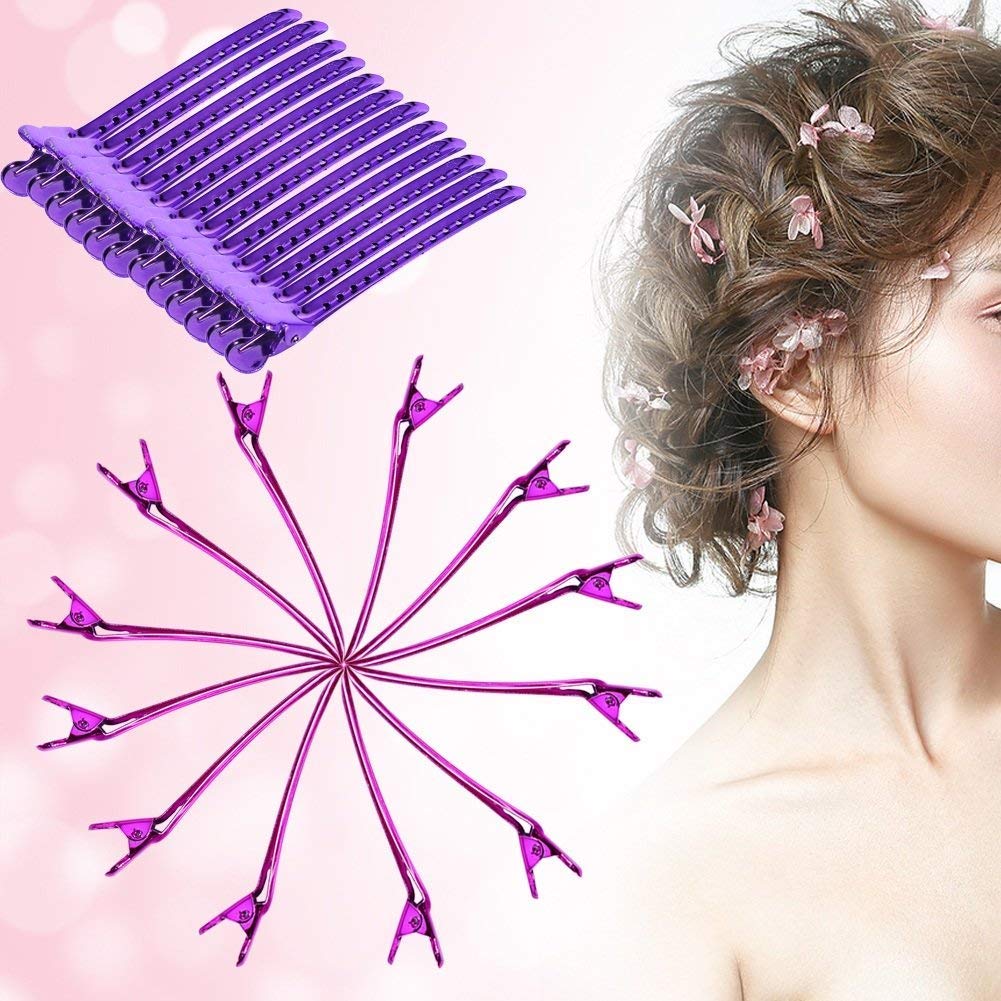 12Pcs Sectioning Clip Barrette Metal Duckbill Clip Hair Grip Clamps Salon Barber Hairdressing Styling Tools, Purple