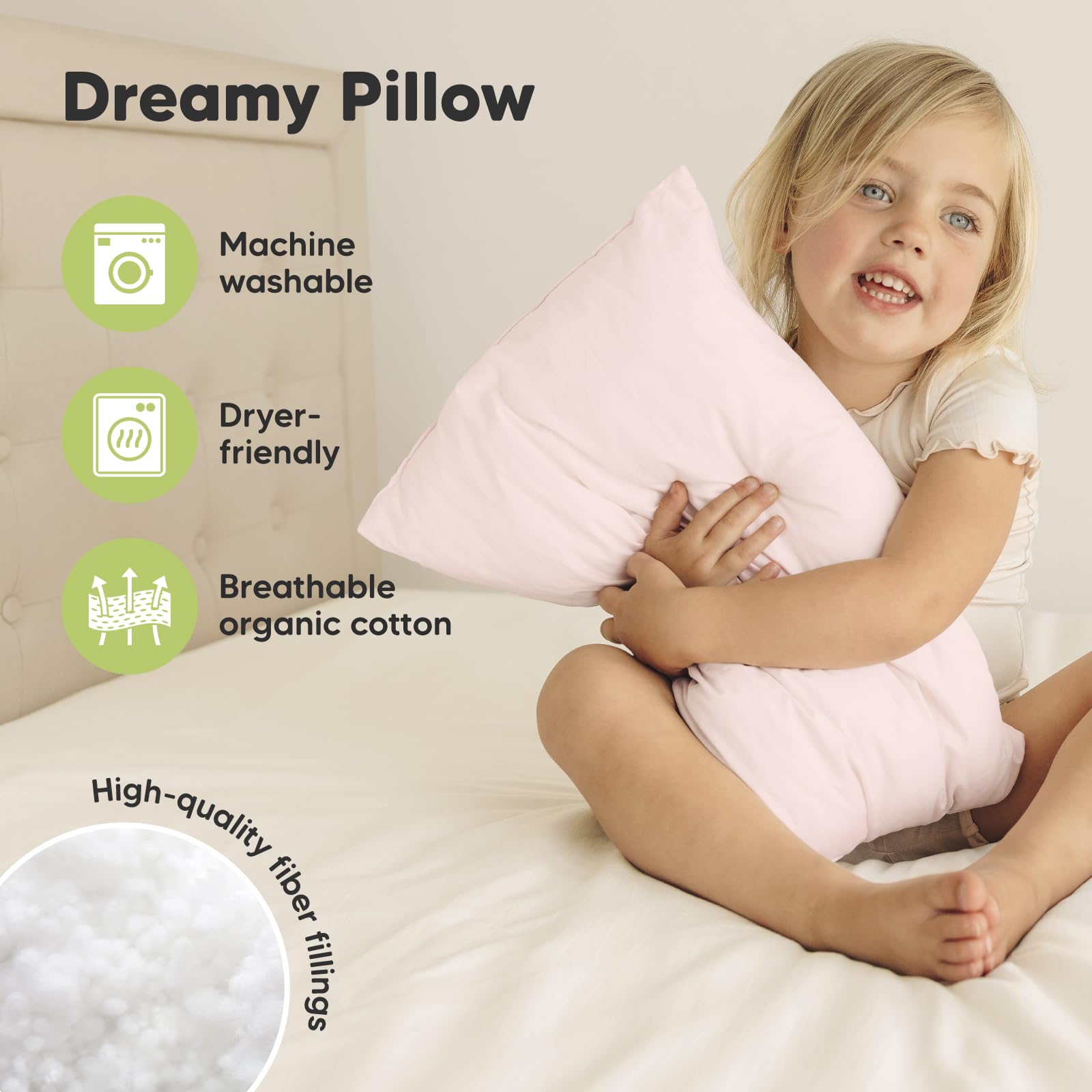 KeaBabies 2-Pack Toddler Pillow 13x18 - Soft Organic Cotton Kids Travel Bed Pillows for Sleeping, School, Nap, Machine Washable, Toddlers 2 to 5, Pillowcase Sold Separately (Mist Pink)