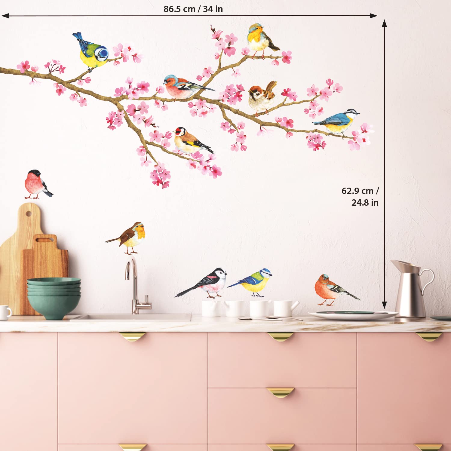 DECOWALL DS4-8039 Cherry Blossom & Garden Birds Kids Wall Stickers Wall Decals Peel and Stick Removable Wall Stickers for Kids Nursery Bedroom Living Room (Small) dcor