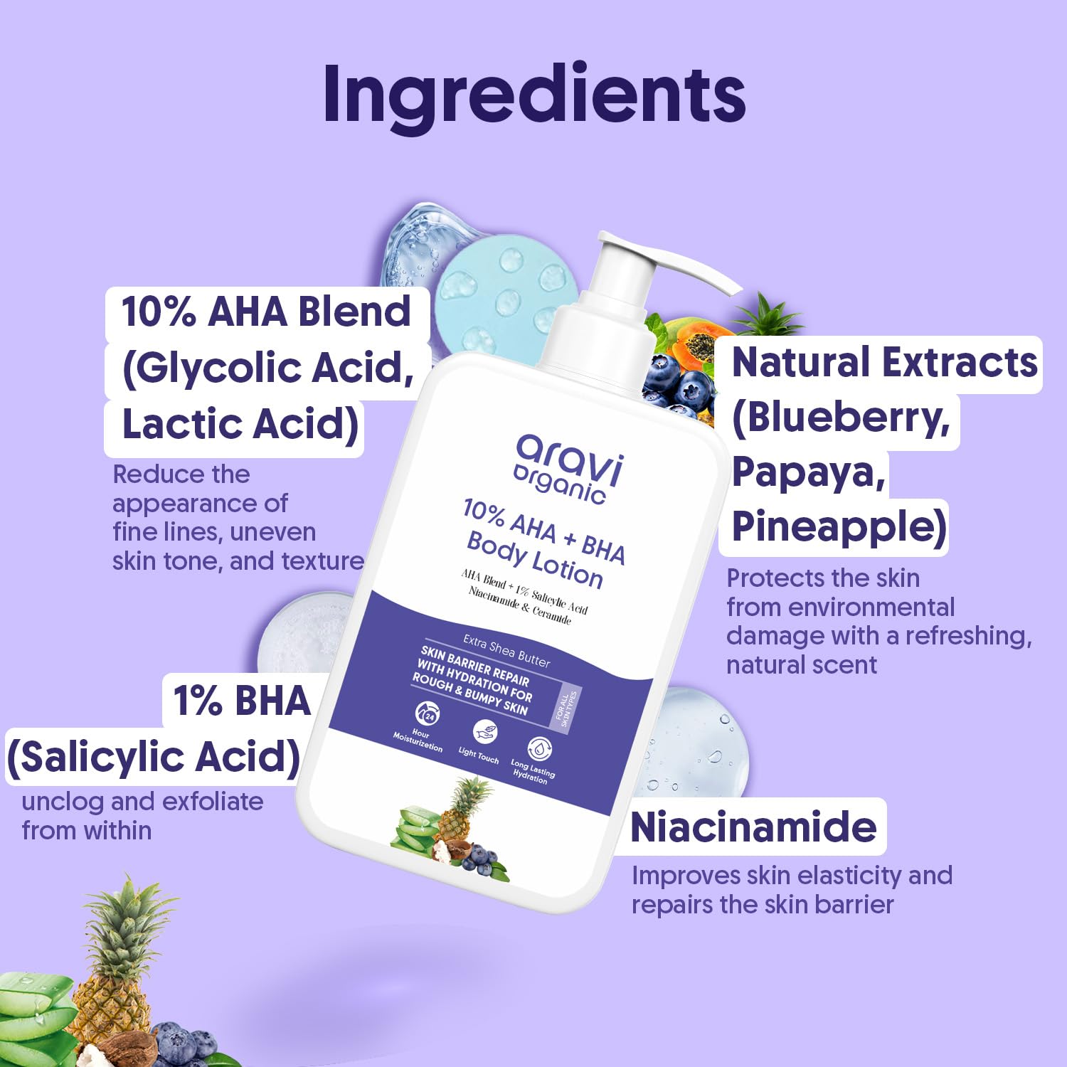 Aravi Organic 10% AHA + 1% BHA Exfoliating Body Lotion - Glycolic & Lactic Acid Body Lotion with Niacinamide - Smooths Rough & Bumpy Skin with Anti-Aging - 6.76 Fl Oz / 200ml