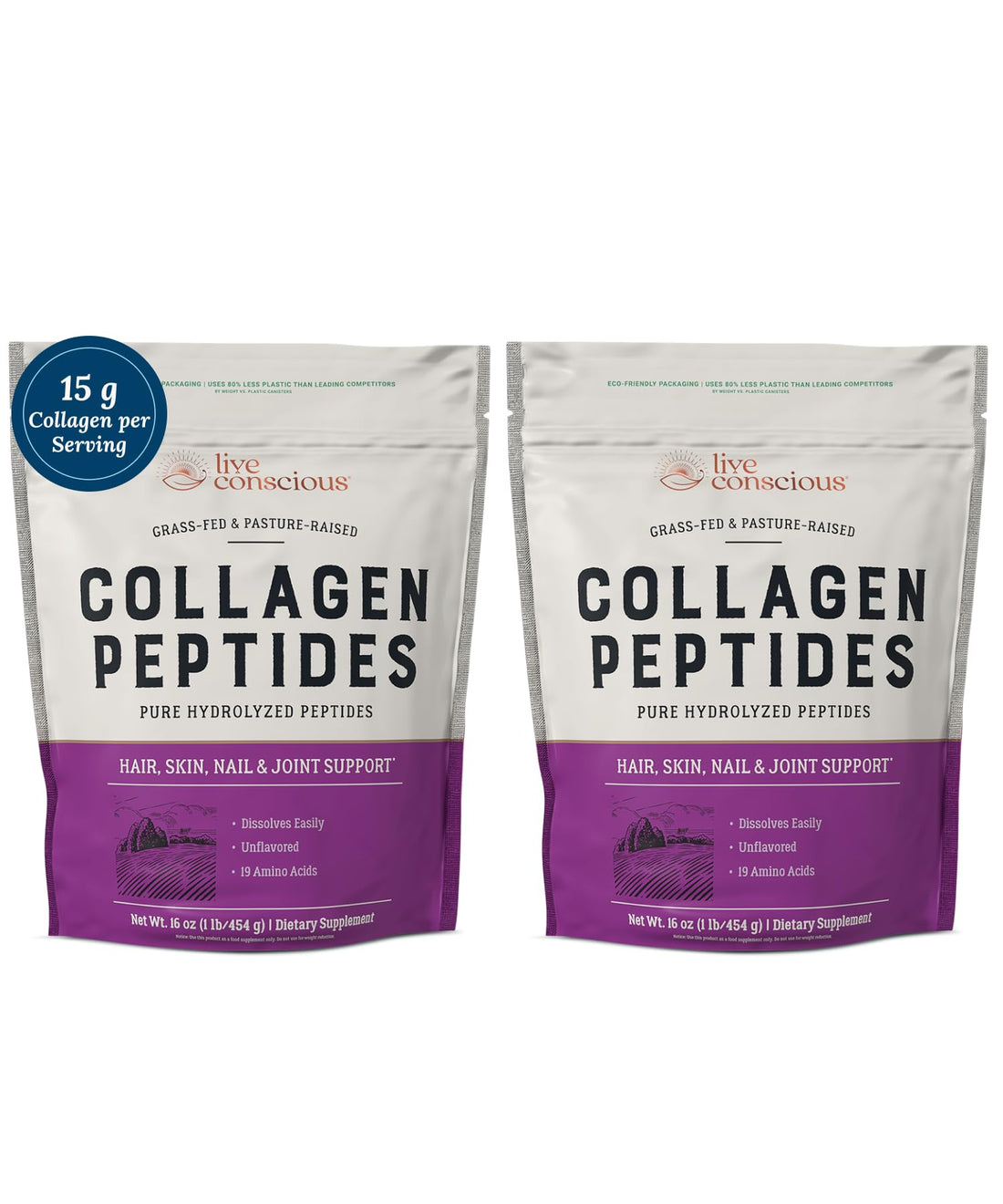 Live Conscious Collagen Peptides Powder - Hair, Skin, Nail, and Joint Support - Type I & III Collagen - Naturally-Sourced Hydrolyzed Protein - 16oz (2-Pack)