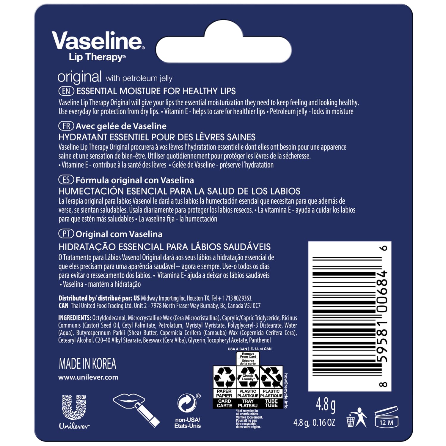 Vaseline Lip Therapy Original 8-Pack – Moisturizing Lip Balm for Very Dry Lips, 0.16 Oz Ea
