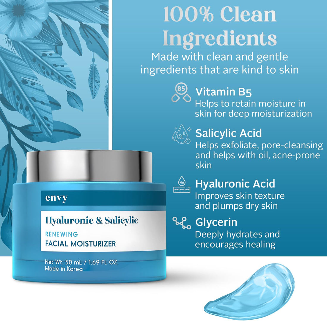 Envy Hyaluronic & Salicylic Acid Face Moisturizer Cream - Hydrating, Acne Scar Reduction & Anti-Aging Day Cream - Dermatologist Tested, Clean Beauty for All Skin Types - 1.69 Fl. Oz