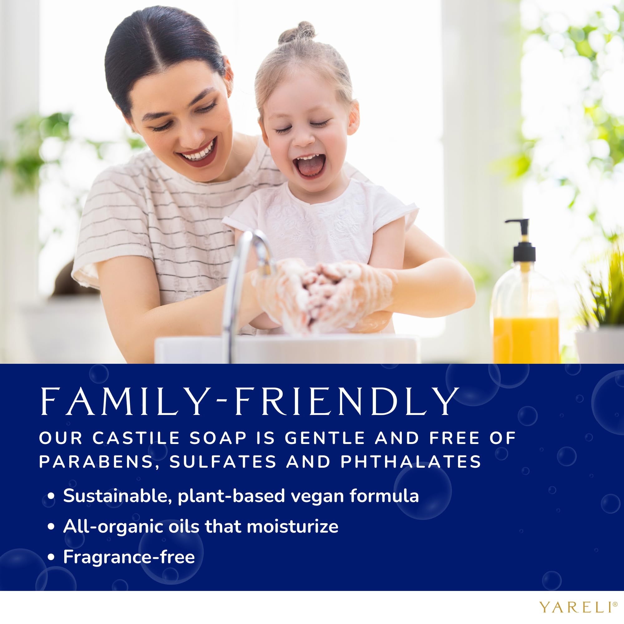 YARELI Pure Castile Soap Liquid, Unscented, with All Organic Oils for Adults, Kids and Babies as Body Wash or Hand Soap, 64oz Refill