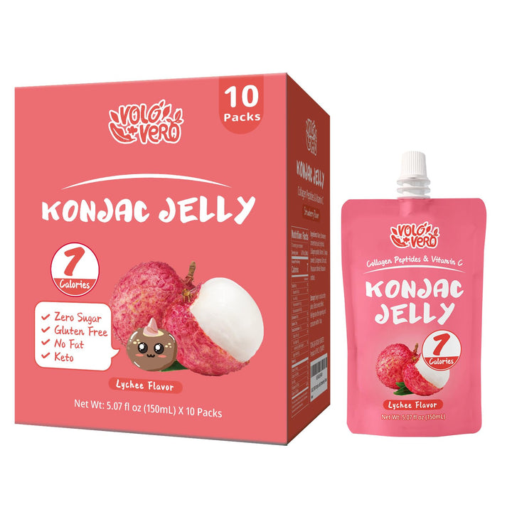 VOLO VERO Konjac Jelly Pouch Drinkable Lychee Flavor with Collagen Peptides and Vitamin C, 7 Calories, Gluten Free, Zero Sugar,Keto, Low Fat Healthy Fruit Snacks, Holiday Gifts, 10 Packs