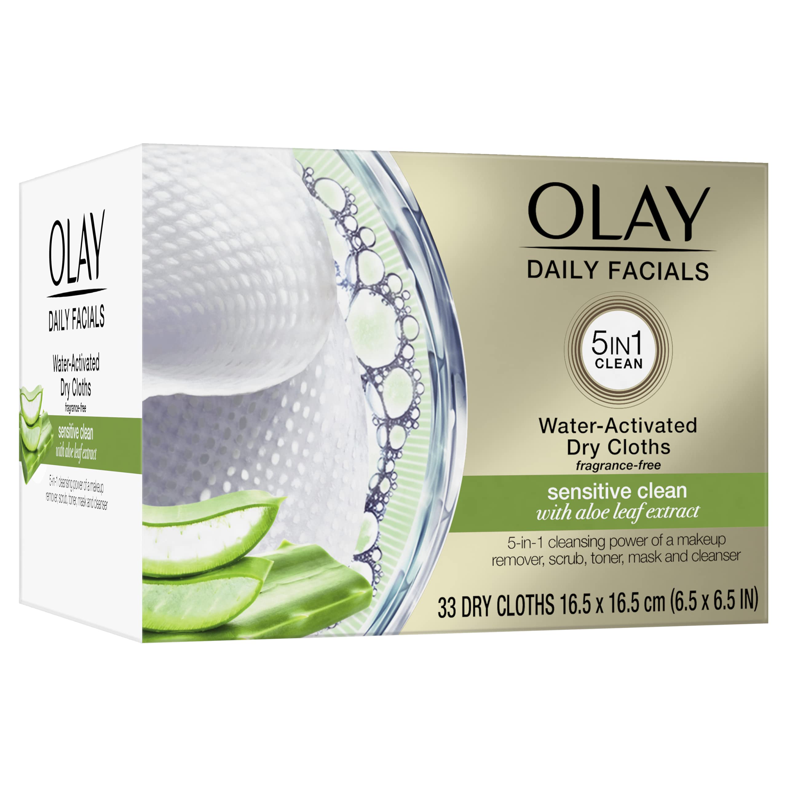 Makeup Remover Wipes by Olay Daily Facials Gentle Clean 5-in-1 Water Activated Cleansing Cloths, 33 count Packaging may Vary