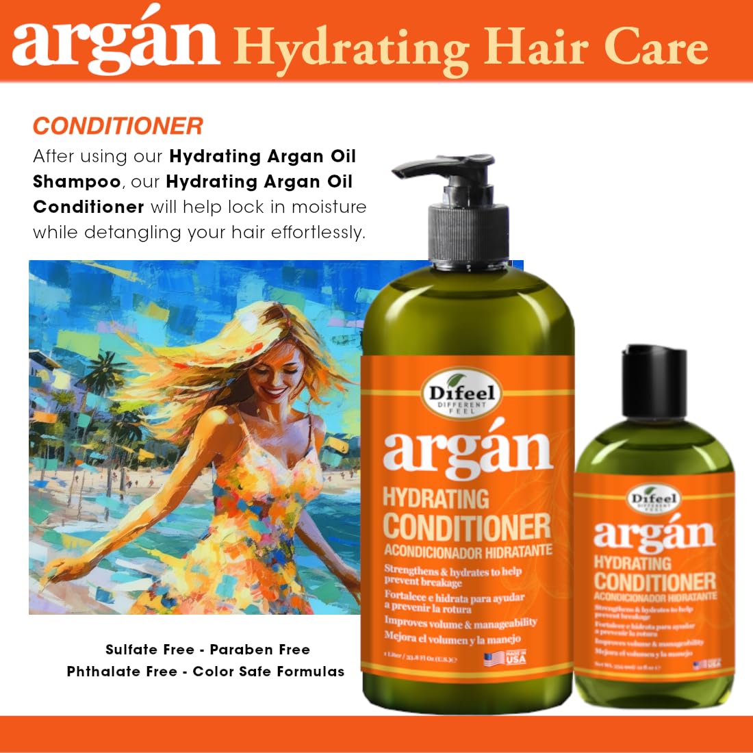 Difeel Argan Hydrating Conditioner 33.8 oz. - Natural Argan Oil Conditioner Hydrating, Paraben Free Natural Conditioner for Hair