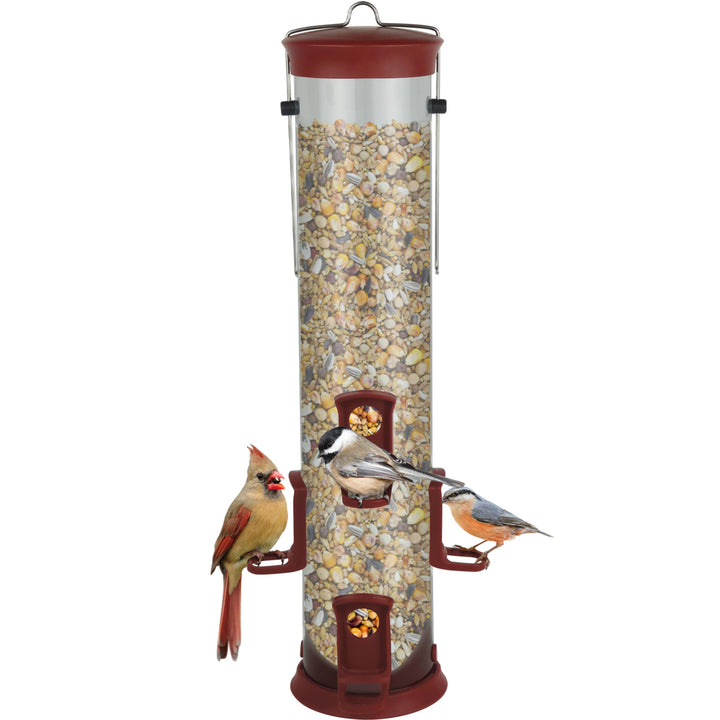 Nature's Way Large Plastic Seed Tube Bird Feeder for Wild Birds and Outdoor Décor, 2.1 Quart Capacity, Six Ports, Easy-Clean Design, Red
