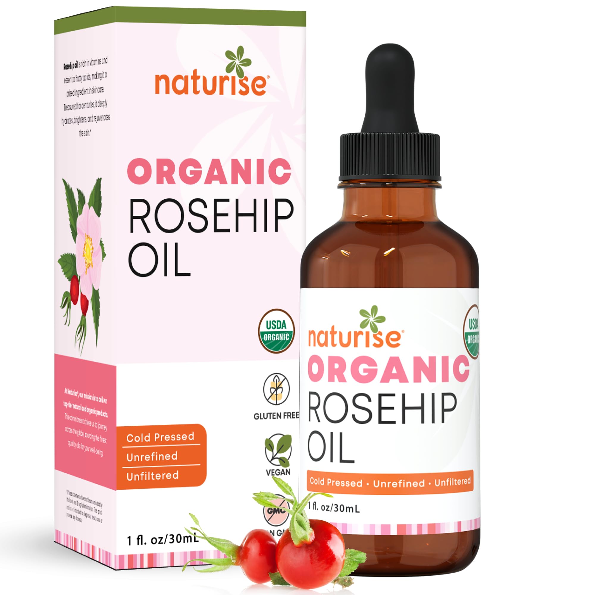 Naturise Organic Rosehip Seed Oil for Face, 100% Pure, Natural Cold Pressed Rose Hip Oil for Skin, Hair, Nails and Body Care (1 FL. OZ.)
