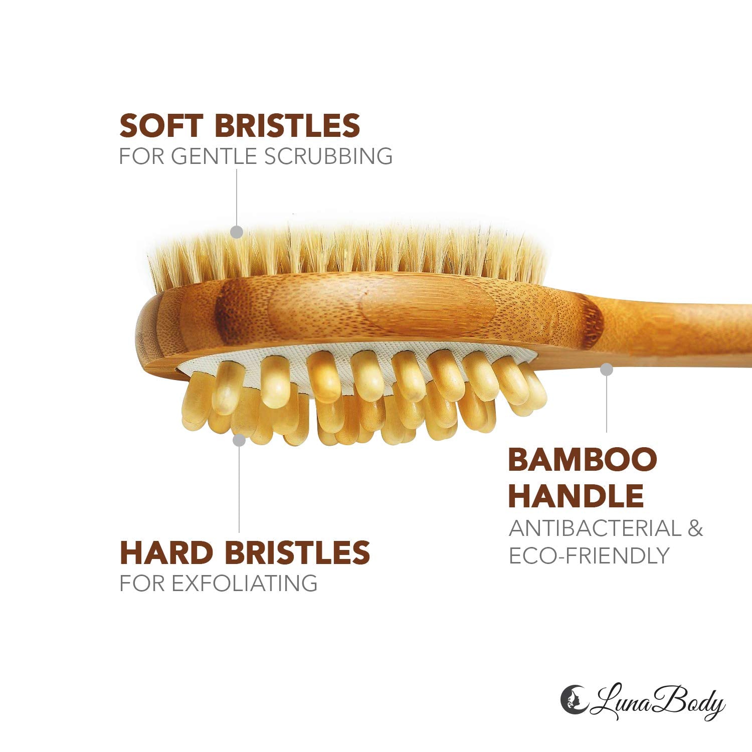 LunaBody Bamboo Body Brush for Back Scrub - Natural Boar Bristle Shower Brush Scrubber with Long Handle - Exfoliate Skin and Cellulite - Wet or Dry
