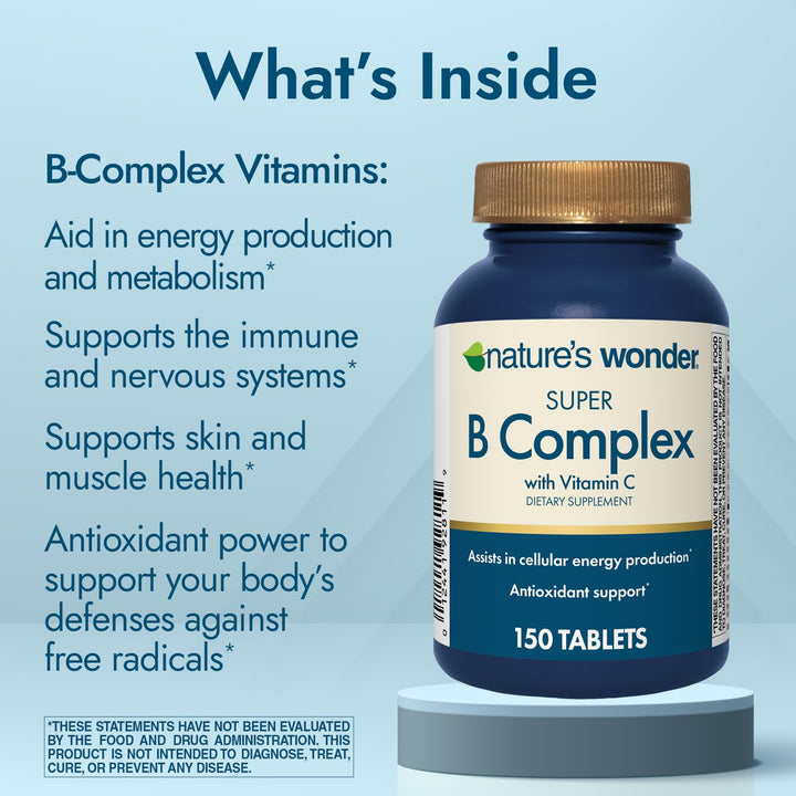 Nature's Wonder Super B Complex with Vitamin C, Vitamin B12, & Folic Acid – Supports Energy Metabolism, Immune Function, Nervous System, Skin & Muscle Health, 150 Tablets