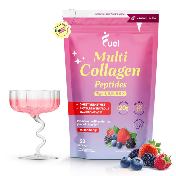 Fuel Multi Collagen Protein Powder - Resveratrol Extract, Multi Collagen Peptides - Hydrolyzed Collagen for Women with Hyaluronic Acid & Biotin, Collagen Powder Promote Skin, Hair & Nail, Mixed Berry