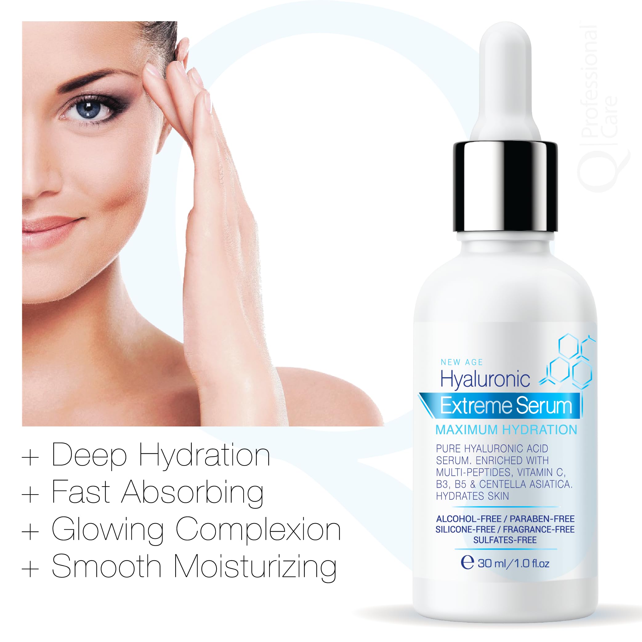 Q|Professional Care Serum for Face | Hyaluronic Acid | Vitamin C | Microneedling | HCA | Multi-Peptides, Vitamins B5, B3, Niacinamide & Centella Asiatica | Alcohol free, Fragrance-Free