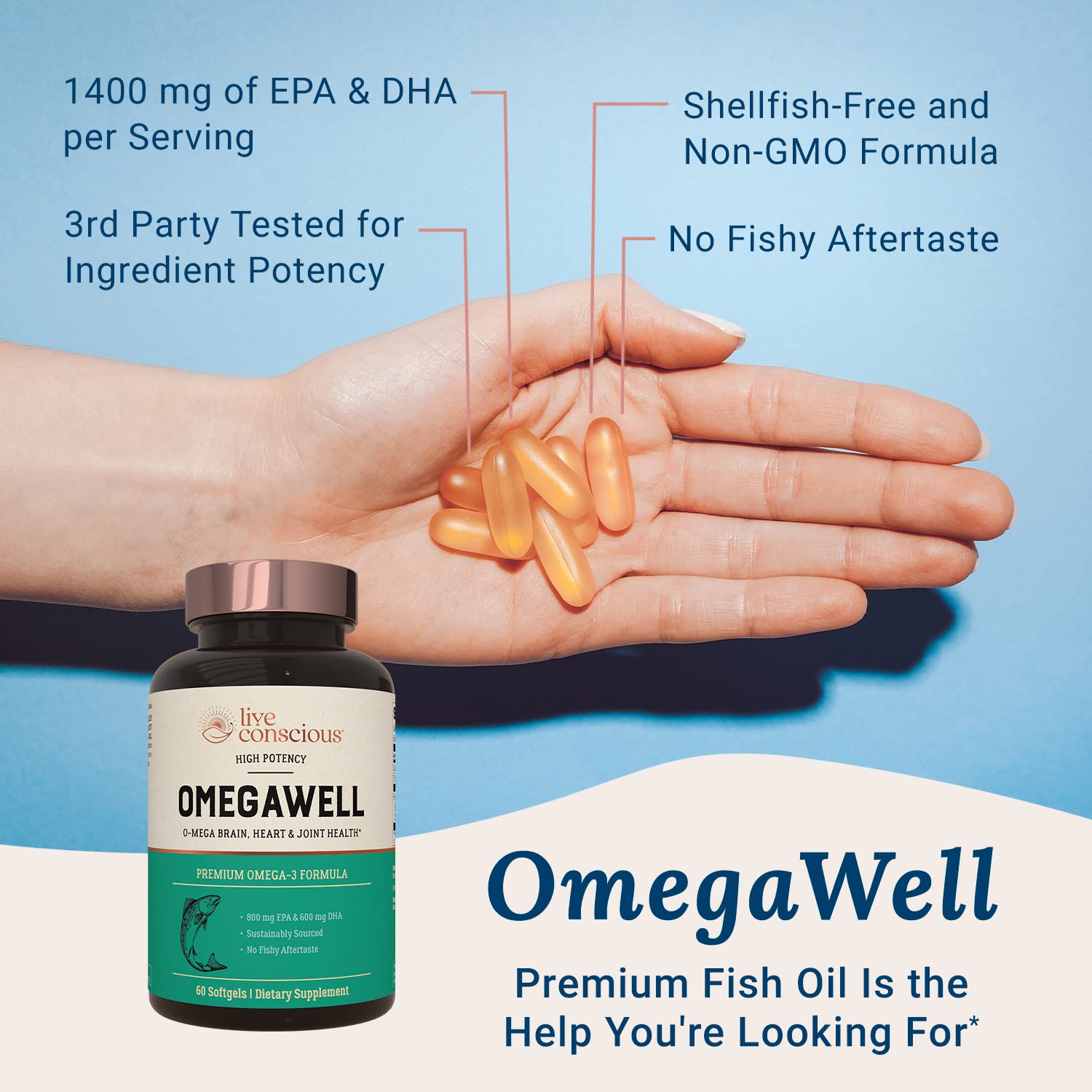 Live Conscious OmegaWell Fish Oil: Heart, Brain, and Joint Support | 800 mg EPA 600 mg DHA - Enteric-Coated, Sustainably Sourced - Easy to Swallow 120 Count (2-Pack)