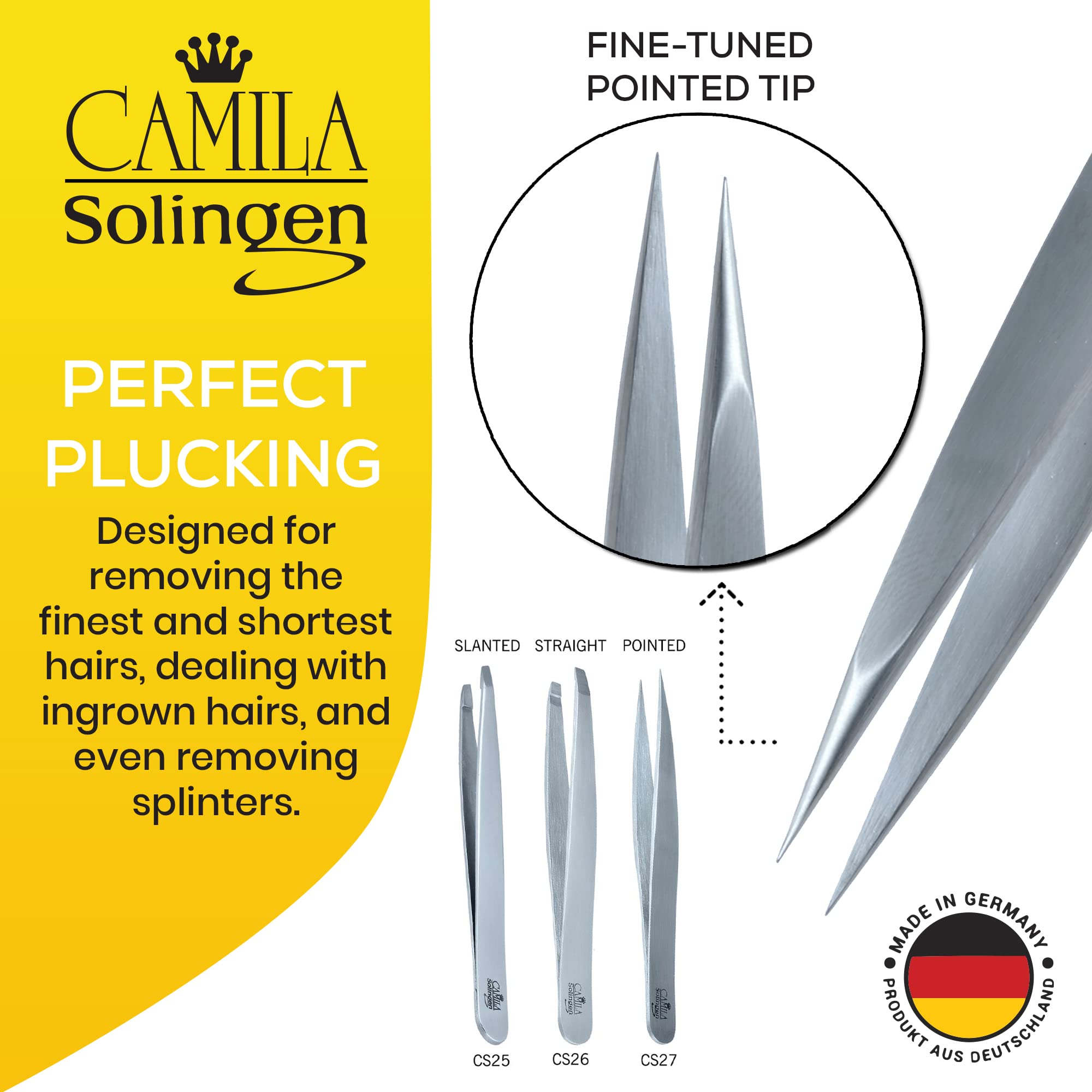 Camila Solingen CS27 4 Professional Surgical Grade Stainless Steel Precision Tip Eyebrow Tweezers for Facial Hair Shaping & Removal. Beauty Tool for Men/Women. Made in Solingen Germany (Pointed)